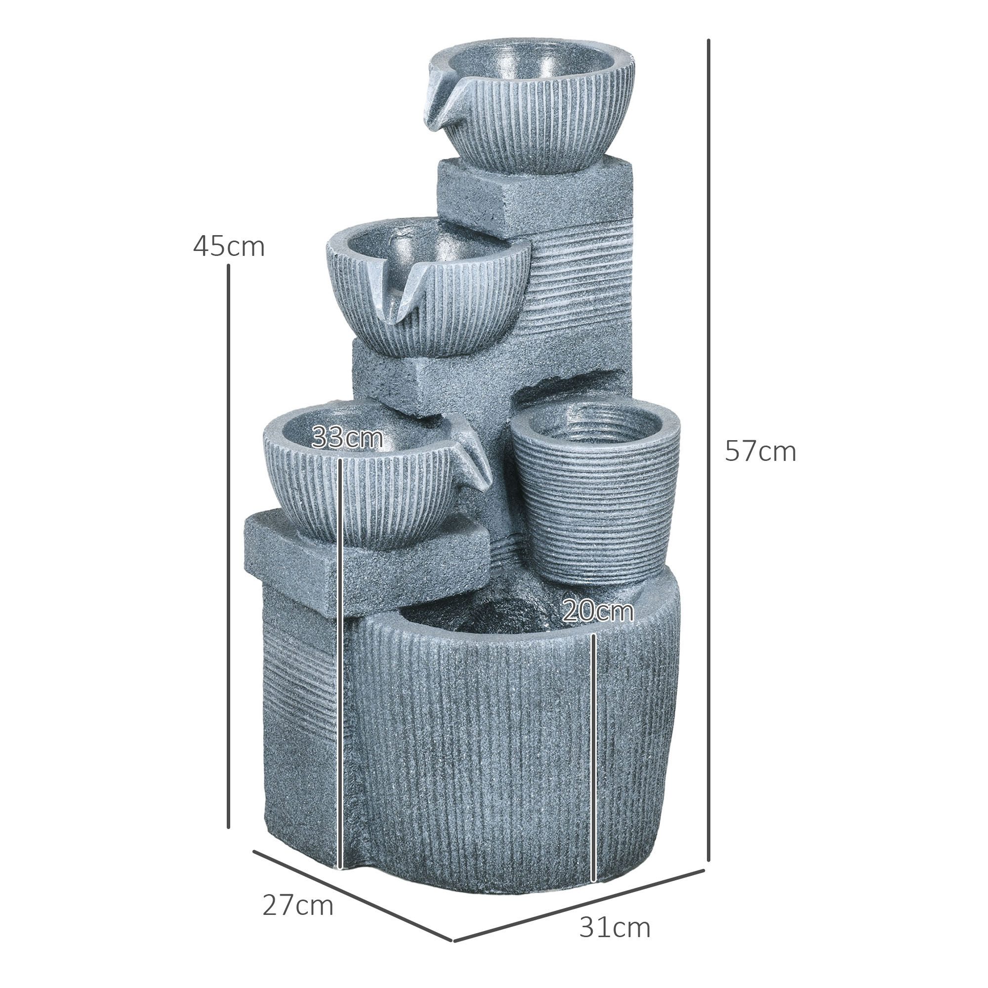 Outsunny Gartenbrunnen Zierbrunnen mit LED-Beleuchtung und 4 Stufen, 31 cm Breite, Wasserbecken BxT: 31x27 cm, (Wasserbrunnen, 1 tlg., Springbrunnen), für Gartenteich, Balkon, Kunstharz