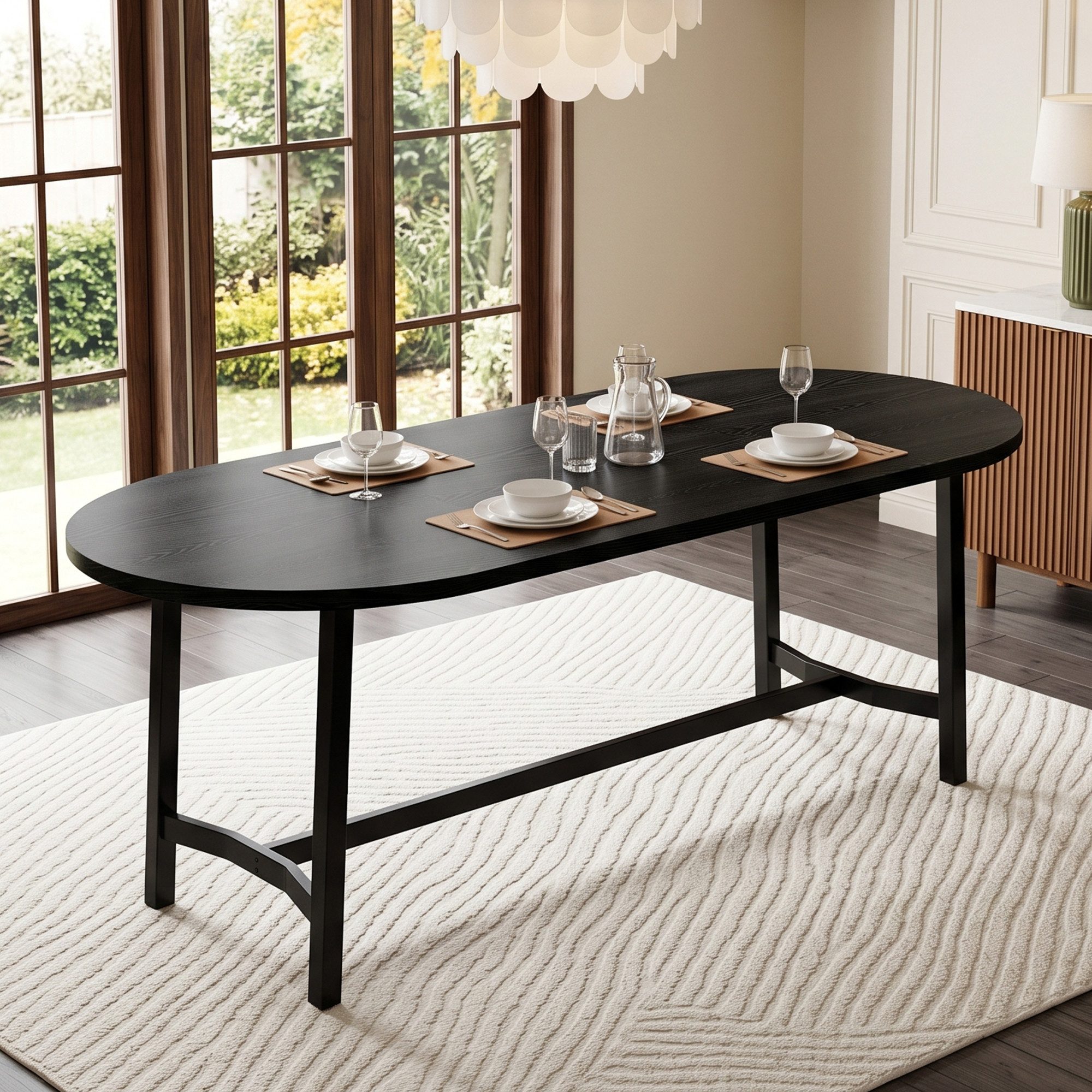 Flieks Esstisch (180x80x75 cm, 1-St., 1 Tisch), ovaler Küchentisch Arbeitstisch Holzoptik Schwarz, Eisenbeine