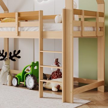 OKWISH Etagenbett Hausbett Kinderbett Stauraumbett (Bettrahmen aus Massivholz, mit Absturzsicherung 90x200 cm, mit 2 Regalen und Aufbewahrungsschrank), mit dreistufiger rechtwinkliger Treppe, ohne Matratze