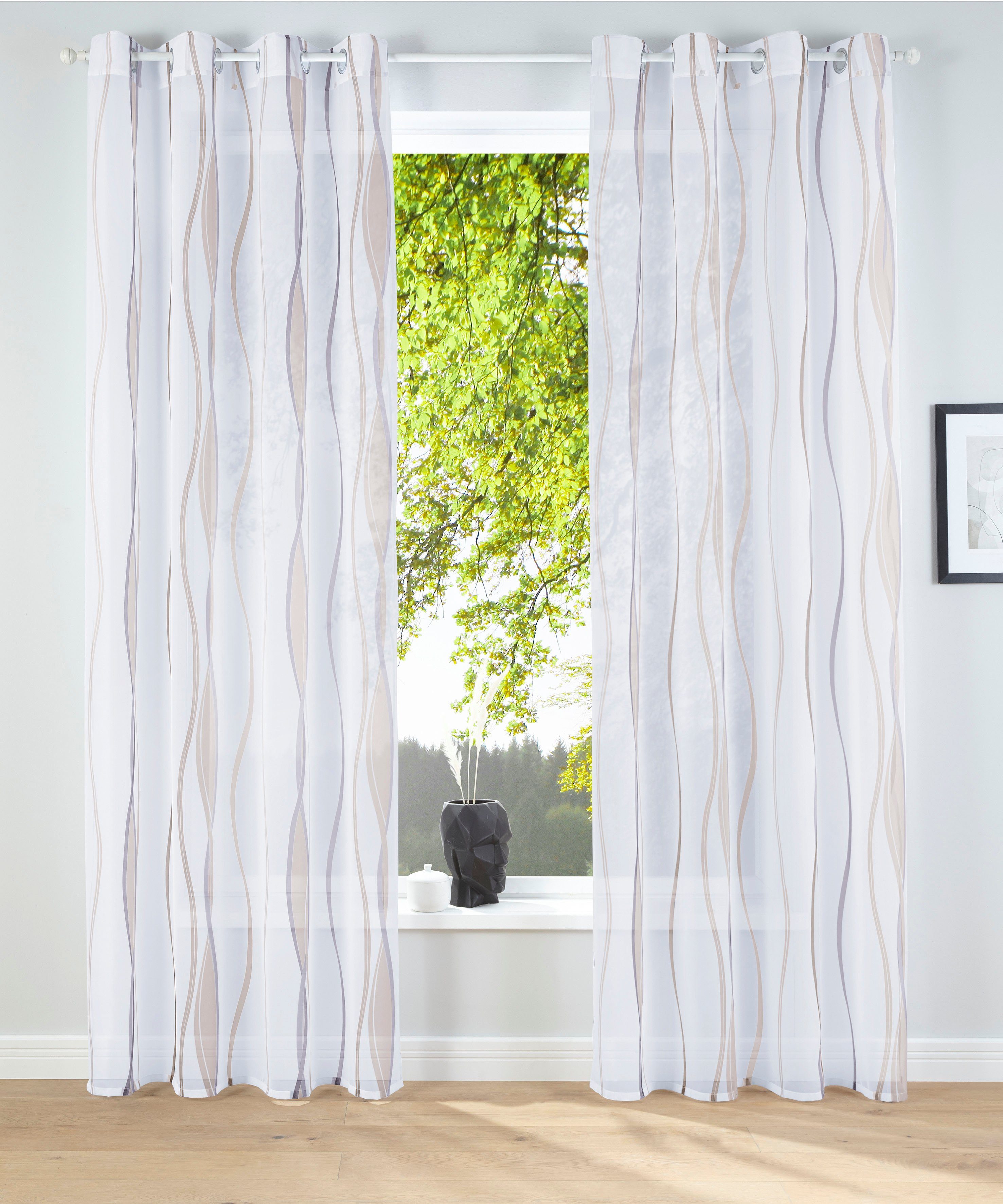 neue Season Gardine Dimona, weiß/taupe transparent, my (2 Voile, home, Ösen Polyester, transparent, 2-er St), Voile, Set, Wellen