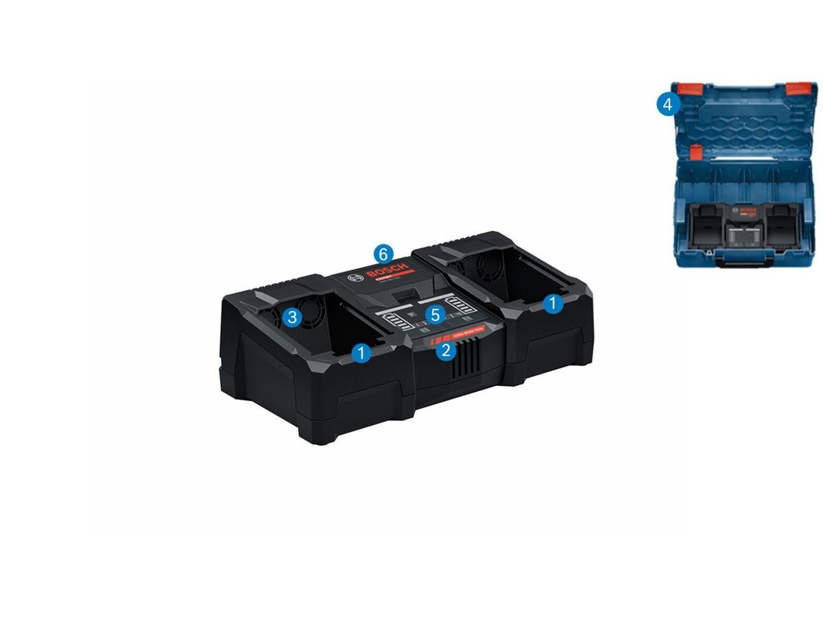 BOSCH Doppel EXPERT EXAL 18V2-320 Ladestation (Ladegerät-Set mit L-BOXX, Doppelladegerät inkl. L-BOXX, ohne Akkus, Ultraschnelles 16-A-Parallelladen, Kühlung und 3 Lademodi)