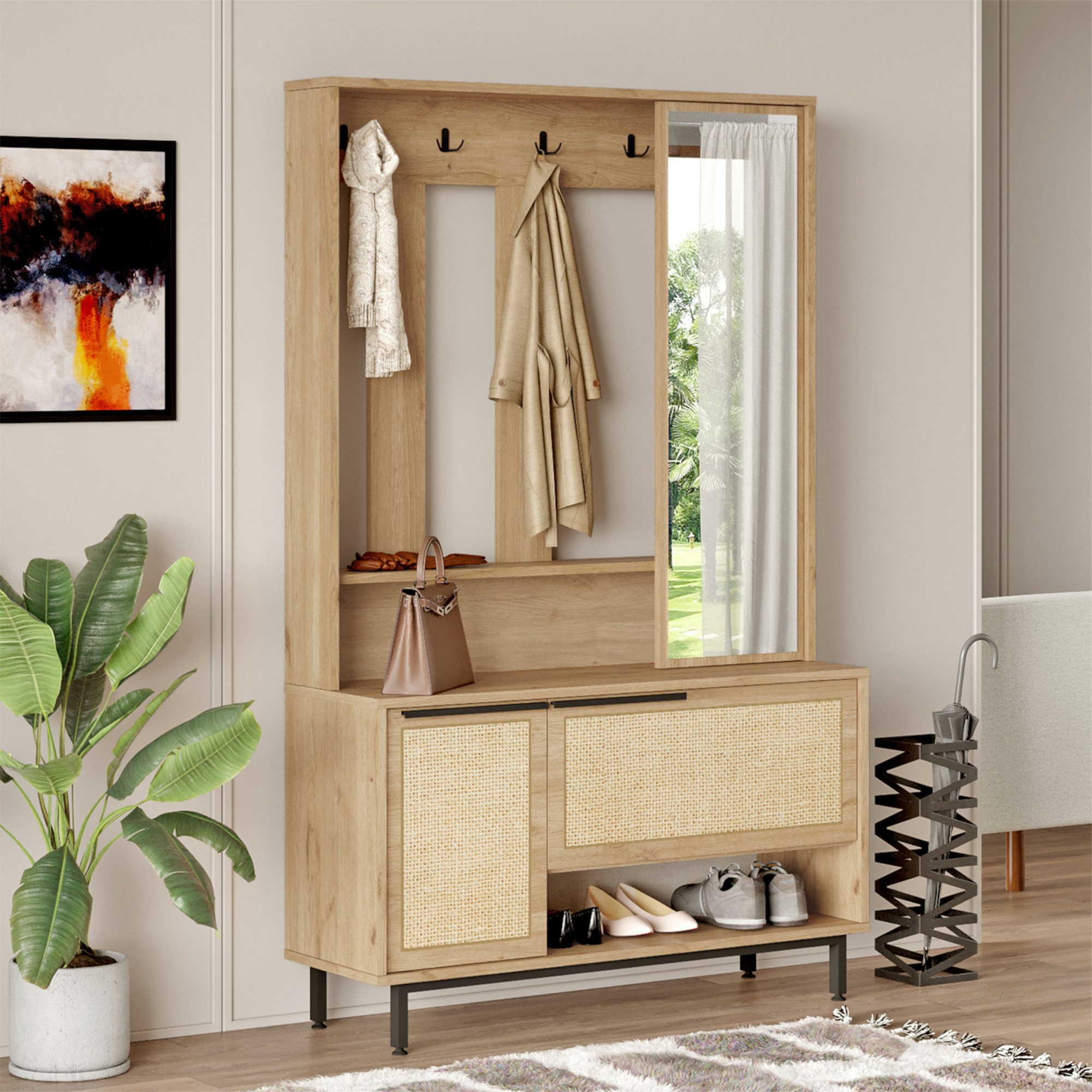 en.casa Kompaktgarderobe Garderobenständer »Kvænangen« Eiche/Rattanoptik günstig online kaufen