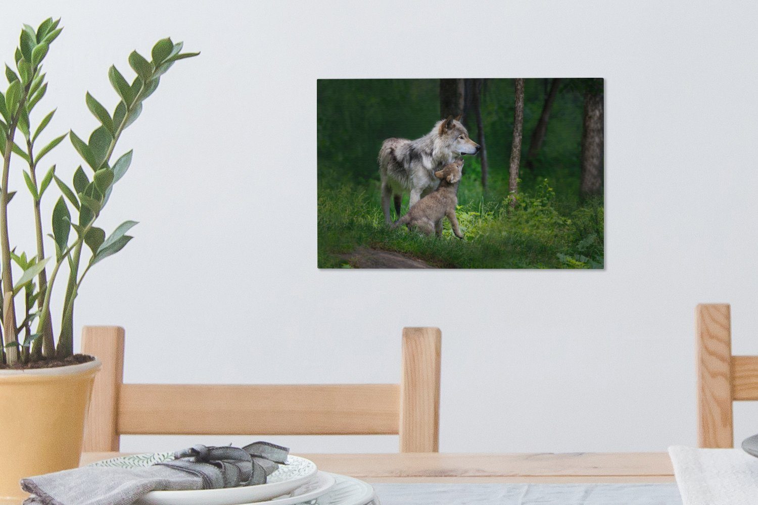 Wölfin cm Leinwandbilder, St), Welpen, (1 30x20 Wandbild Aufhängefertig, Wanddeko, mit ihrem Leinwandbild OneMillionCanvasses® Graue