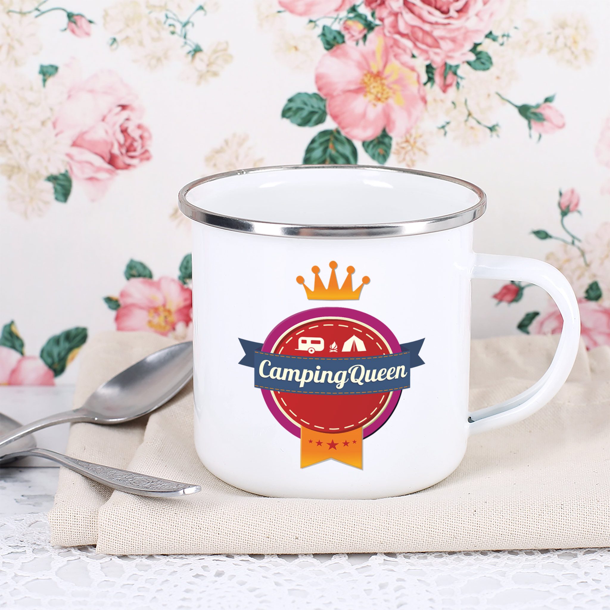 Herz & Heim Tasse aus Metall für Camper mit Camping-Motiv
