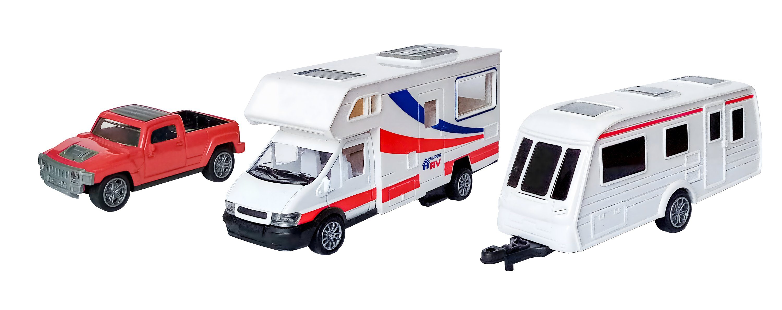 Toi-Toys Modellauto WOHNMOBIL mit WOHNWAGEN & PICK UP Truck mit Rückzug 8,  (3-tlg), Spielzeug Set Geschenk Camper Modell Auto Bus