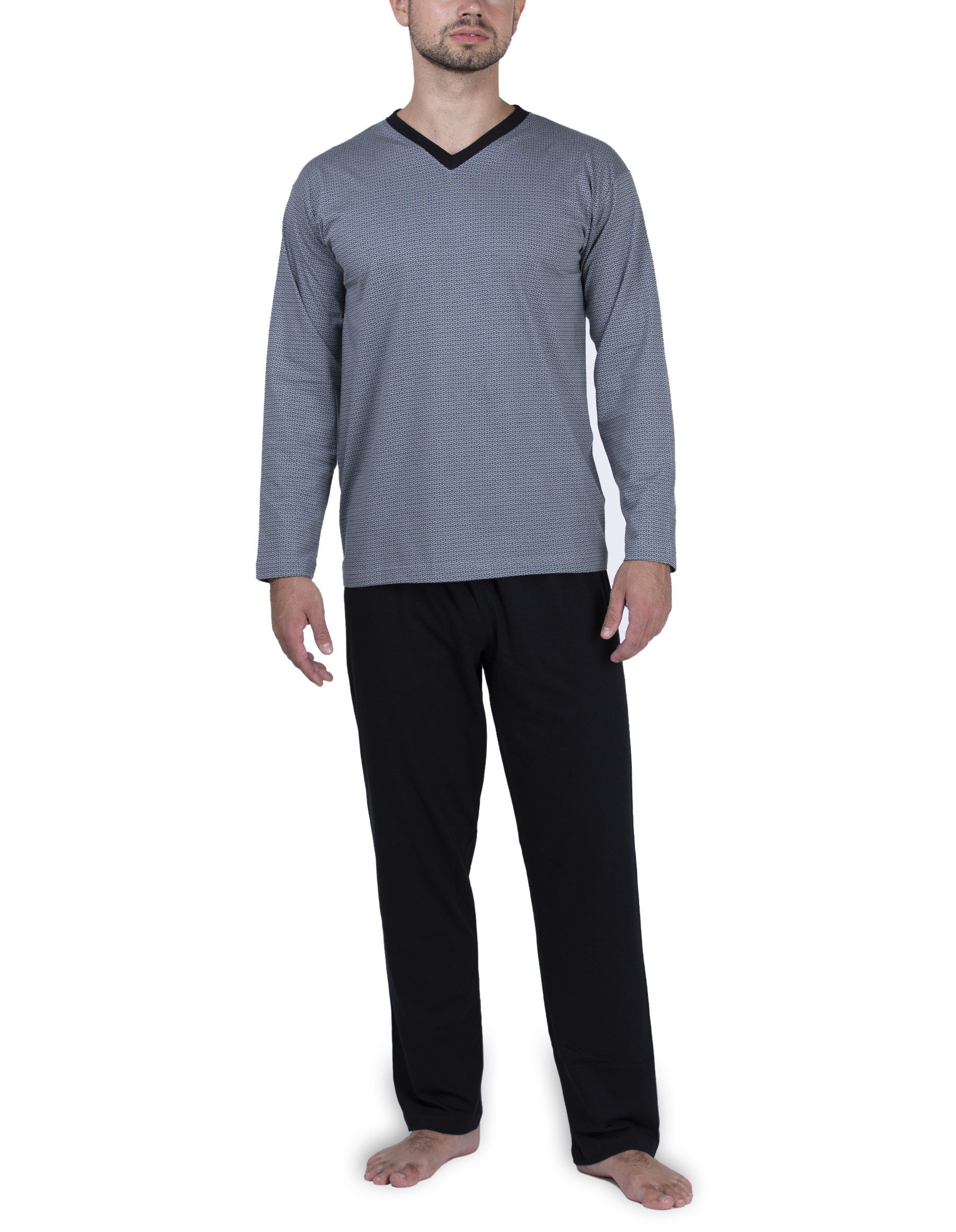 Moonline Pyjama Schlafanzug lang, 100% Baumwolle mit V-Ausschnitt und Strei günstig online kaufen