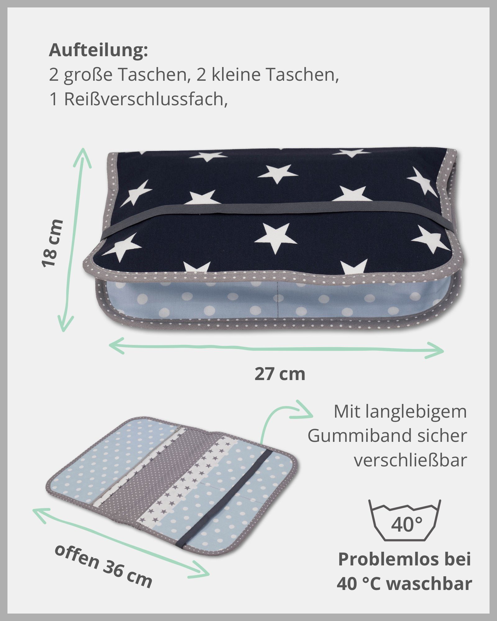 EU), Windeln, Hellblau weiteres in unterwegs Windeltasche (Made Zubehör Feuchttücher für Grau Windeletui, 3 Wickeltasche ® für zu & bis ULLENBOOM Blau Windeltasche