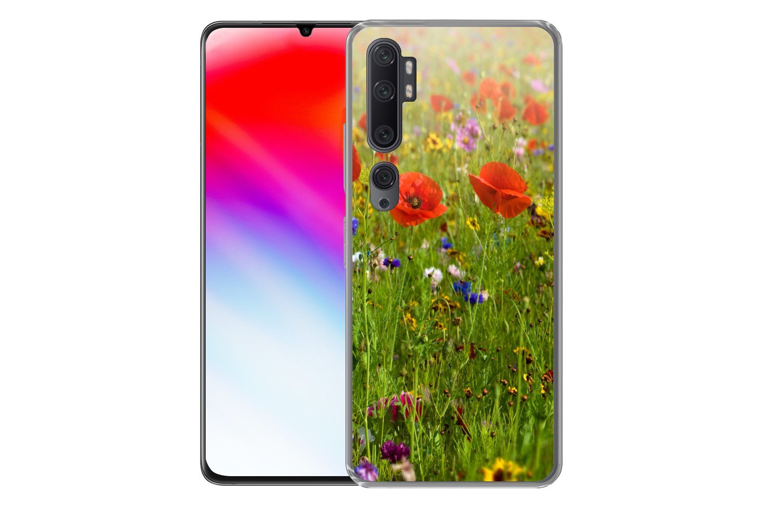 MuchoWow Handyhülle für Xiaomi Mi Note 10 Pro Frühling - Blumen - Rot - Mohn - Gras - Grün