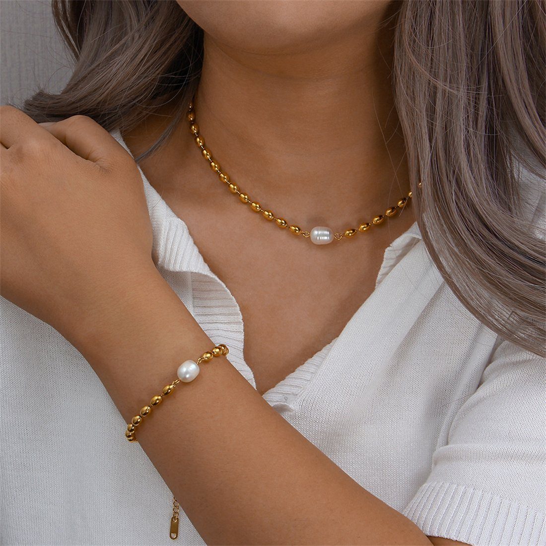 DÖRÖY Schmuckset Damen Gold Perlen Armband Halskette 2er Set, Mode  Accessoire Set