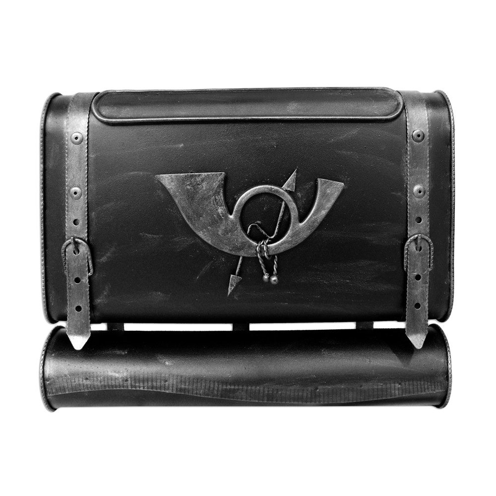 HMF Wandbriefkasten Briefkasten Antik Unikat in Koffer Design mit POSTHORN, mit Zeitungsrolle, 38 x 45 x 10 cm, Silber
