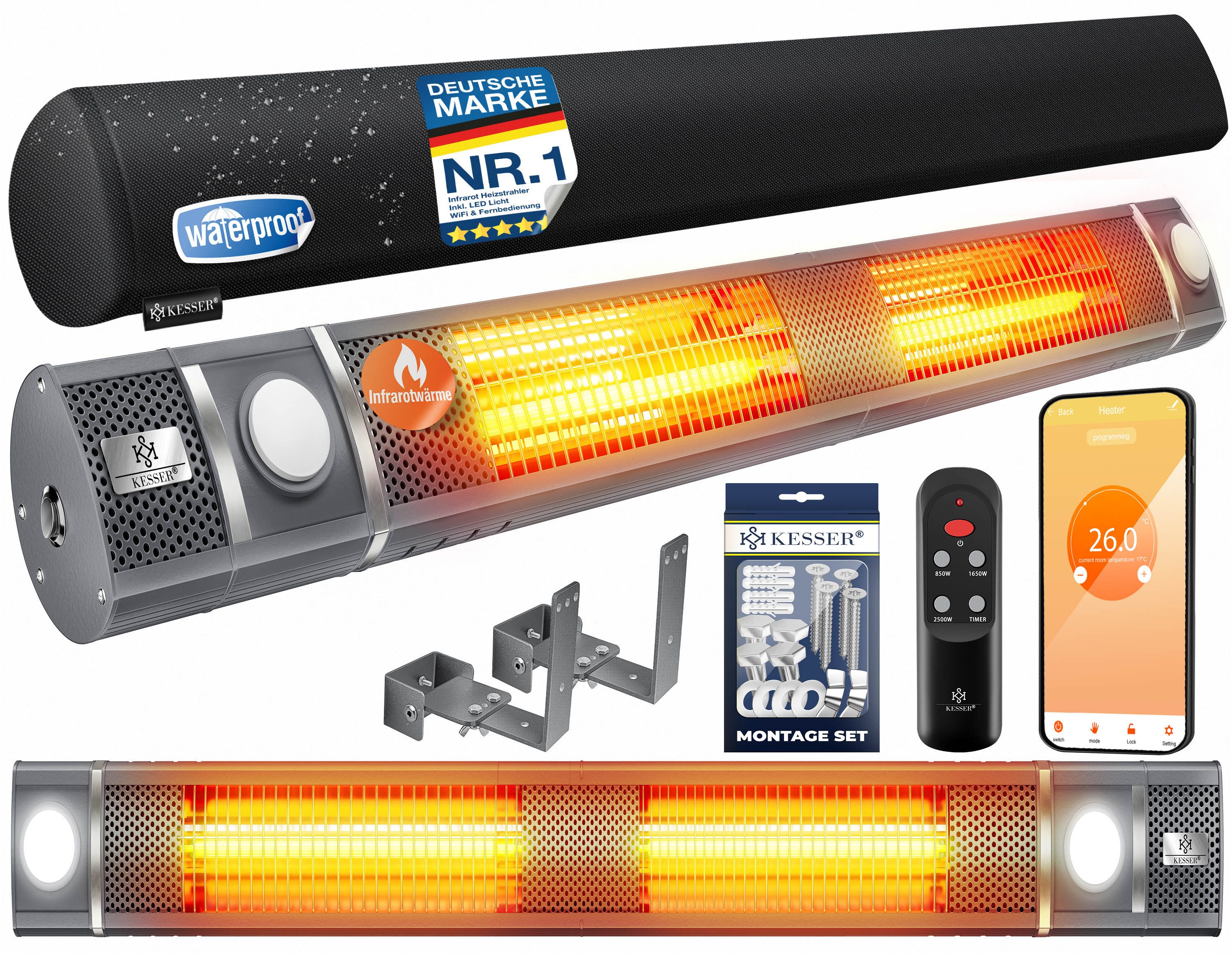KESSER Terrassenstrahler Infrarot Heizstrahler mit WLAN, Fernbedienung & LED-Beleuchtung, inkl. Schutzhülle Infrarotstrahler In- & Outdoor ideal für Gastronomie
