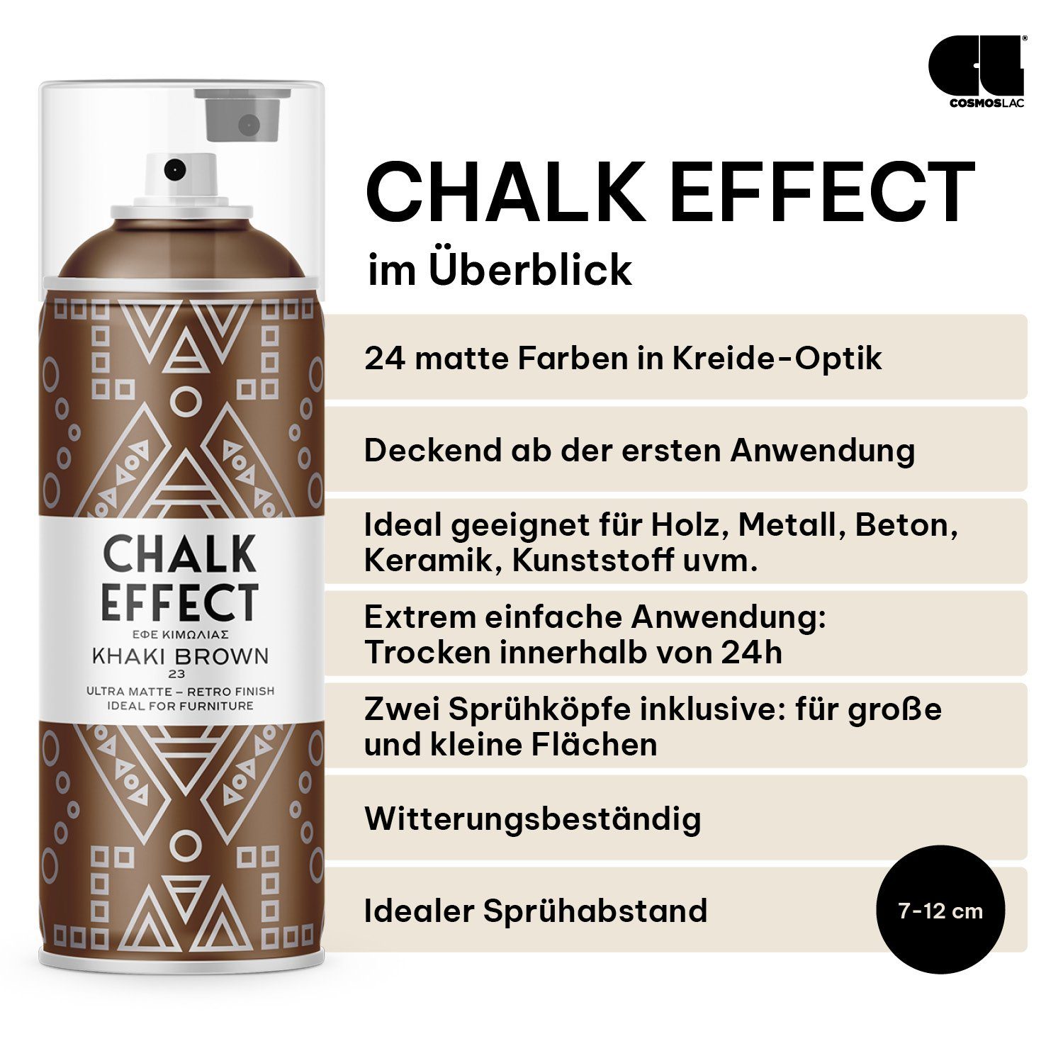 COSMOS LAC Sprühflasche Kreidefarbe Spray Chalk Effect - Kreidesprühfarbe Farbspray, zwei Sprühkappen inkl.