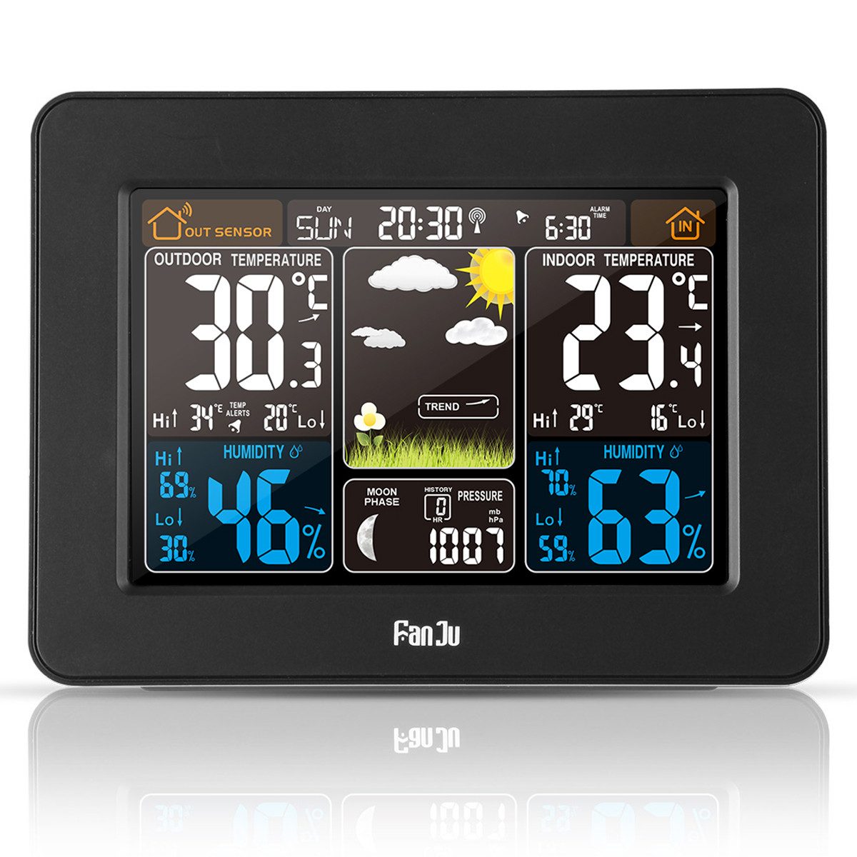 Fyrove Wetterstation mit Farbdisplay, Außensensor, Wetter, Alarm, Temparatur Wetterstation (Funkuhr Wetterstation mit Thermometer, Hygrometer, Funkuhr und Wecker)