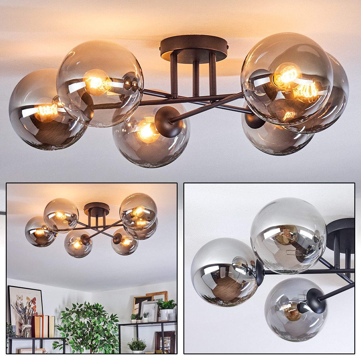Deckenleuchte Deckenlampe aus Metall/Glas in Schwarz/Rauchfarben