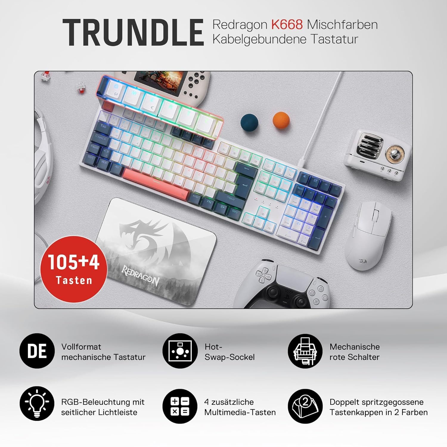 Redragon K668 Mechanische Tastatur RGB Kabel QWERTZ Hot-Swap Gaming-Tastatur (Ergonomisch, rote Switches, 105+4 Tasten, Multimedia & Gaming Setup)