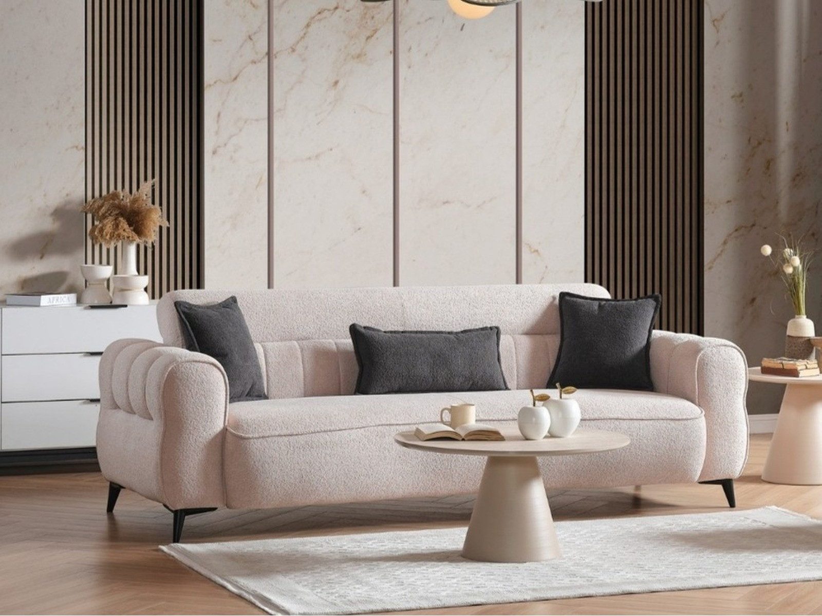 Villa Möbel Sofa Merida, 2-Sitzer 1 Teile, Beige 2er Sofa Schlaffunktion durch aufklappbare Sitzfläche, Couch