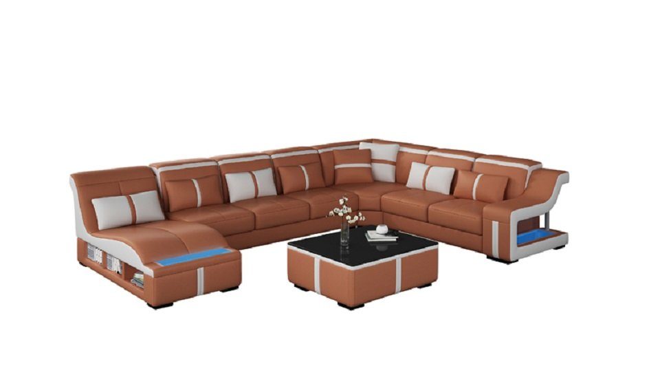 JVmoebel Ecksofa Design Ecksofa U-form Beleuchtet Couch Leder Sofa Neu Wohnlandschaft, Made in Europe Orange