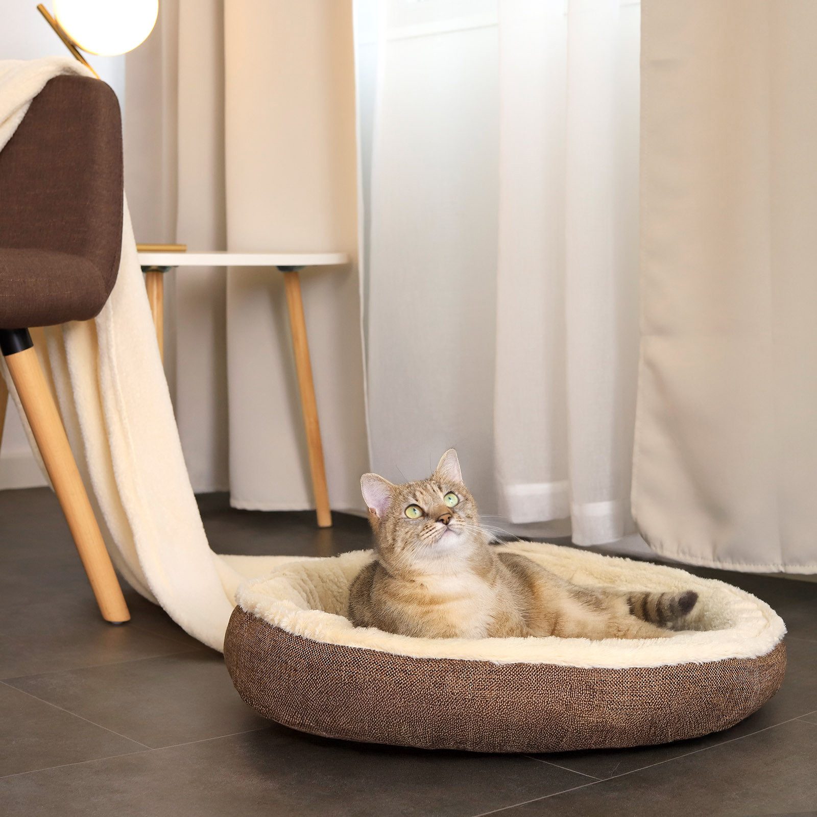 lionto Tierkissen für Katzen Donut-Design, Oxford- & Plüschstoff, Anti-Rutsch-Boden, Bezug abnehmbar & waschbar