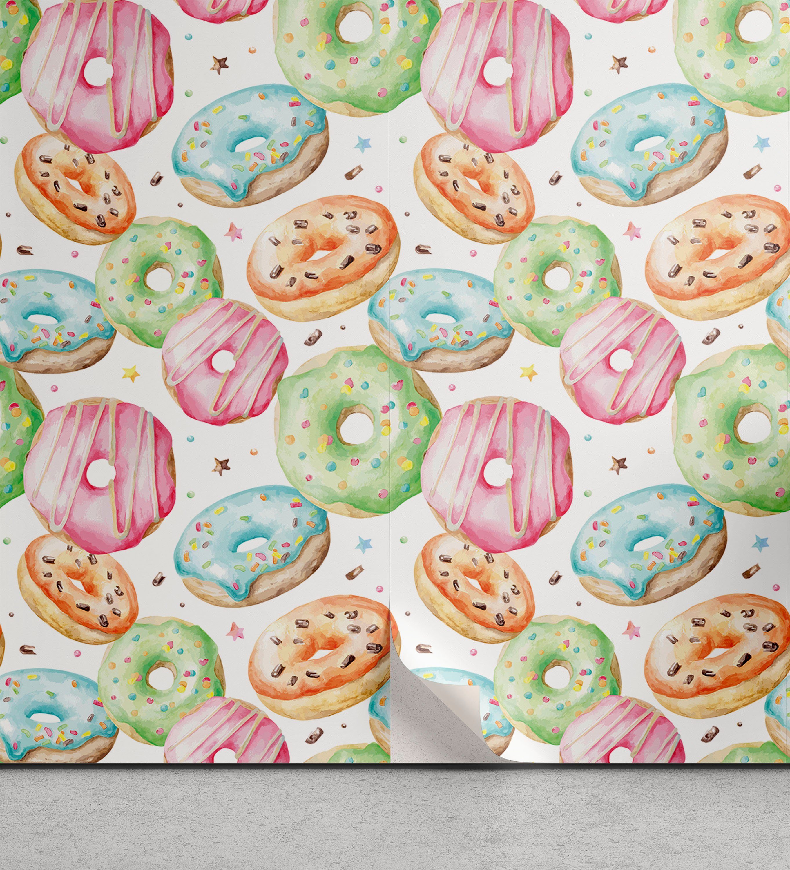 Abakuhaus Vinyltapete selbstklebendes Wohnzimmer Küchenakzent, Bunt Donut Thema Hand gezeichnet | Vinyltapeten