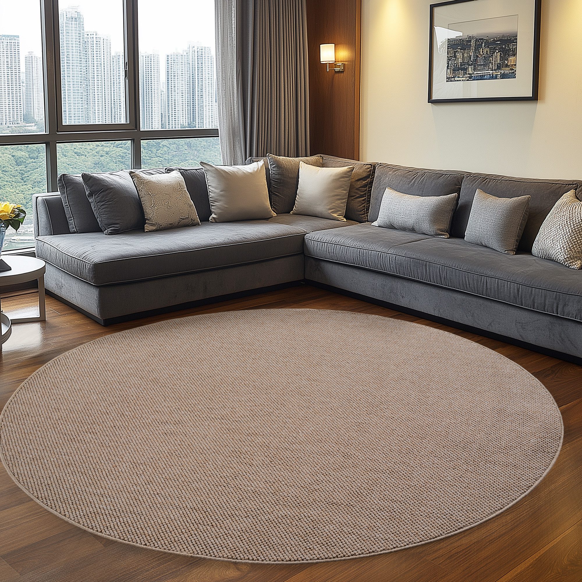 Teppium Teppich Unicolor - Einfarbig, Rund, Höhe: 20 mm, Kurzflor Schlingen Teppich Beige Boucle-Loop Wohnzimmer Teppich