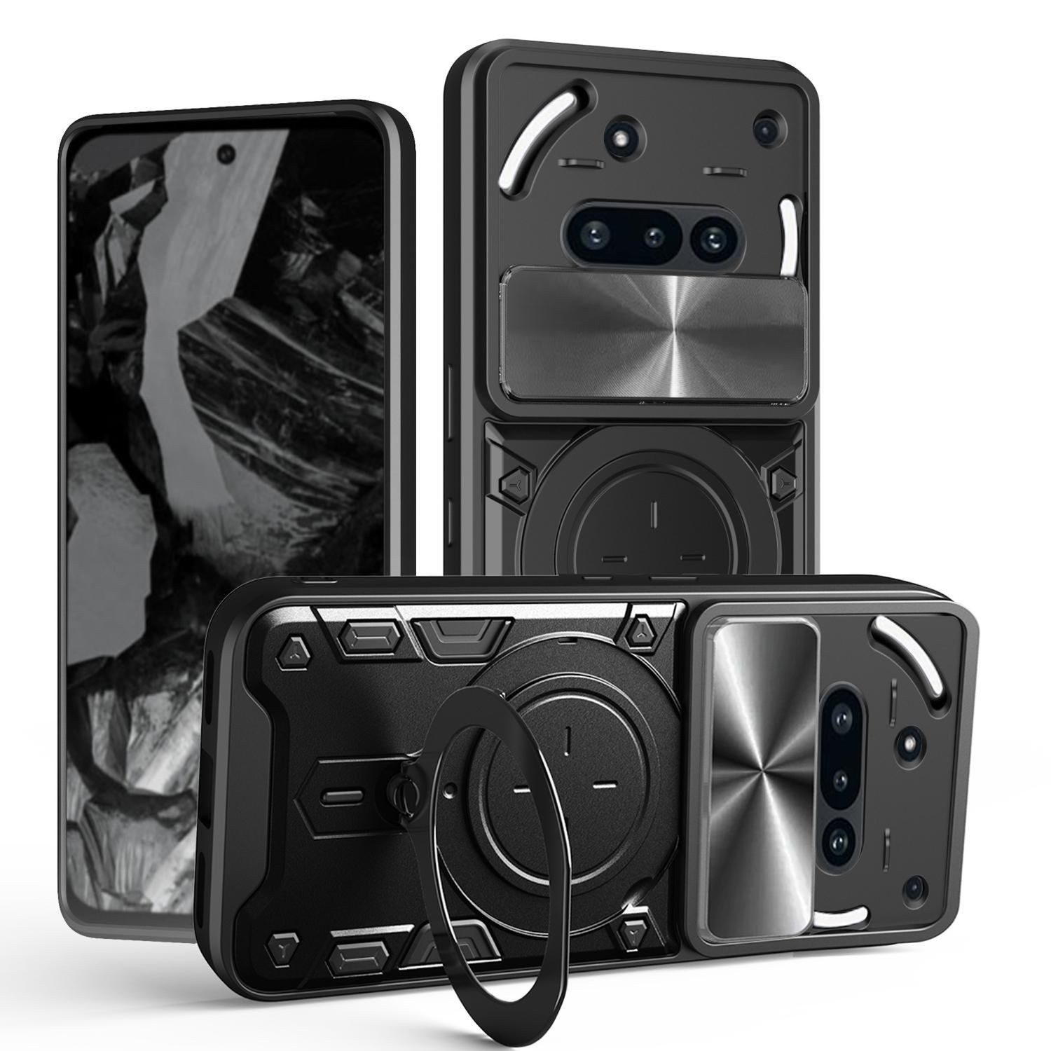 Wigento Handyhülle Für Nothing Phone 3a CD Textur Sliding Kamera TPU Hülle Ring Schwarz, CD Texture, Schiebekameraabdeckung, Magnetischer Halter