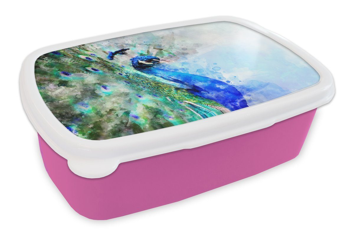 MuchoWow Lunchbox Aquarell - Pfau - Blau, Kunststoff, (2-tlg), Brotbox für Erwachsene, Brotdose Kinder, Snackbox, Mädchen, Kunststoff rosa