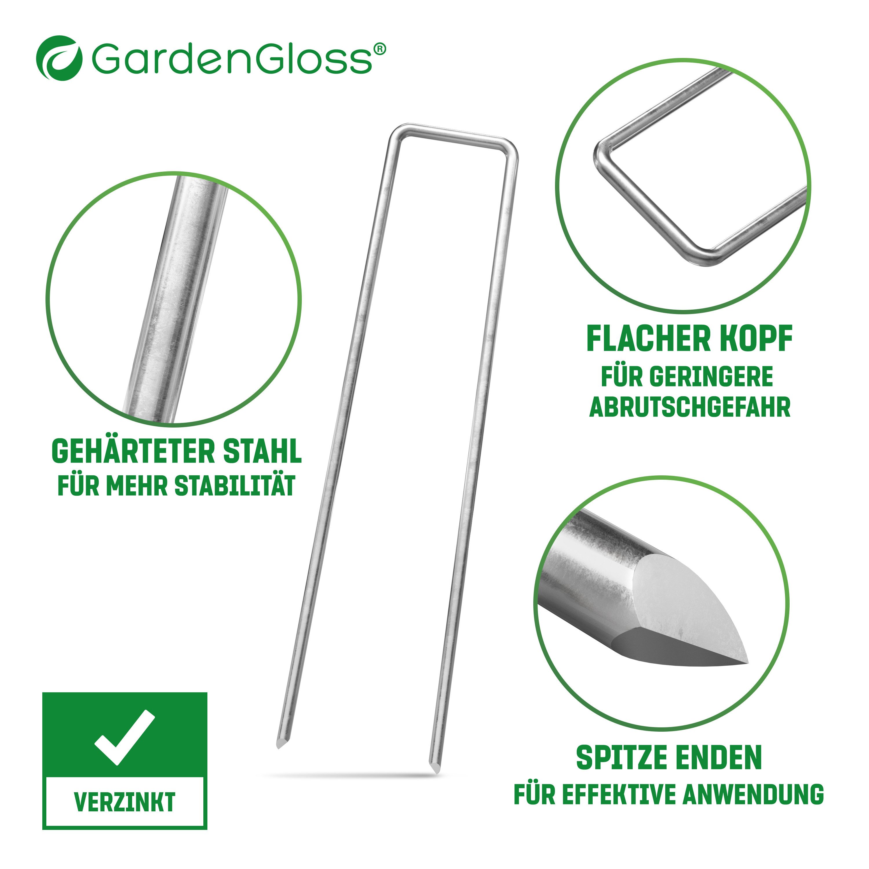 GardenGloss Bodenanker Erdanker Verzinkt Ø3mm - 150mm x 30mm für Unkrautvlies, Zaun, Camping, (100-St), Spitze Enden
