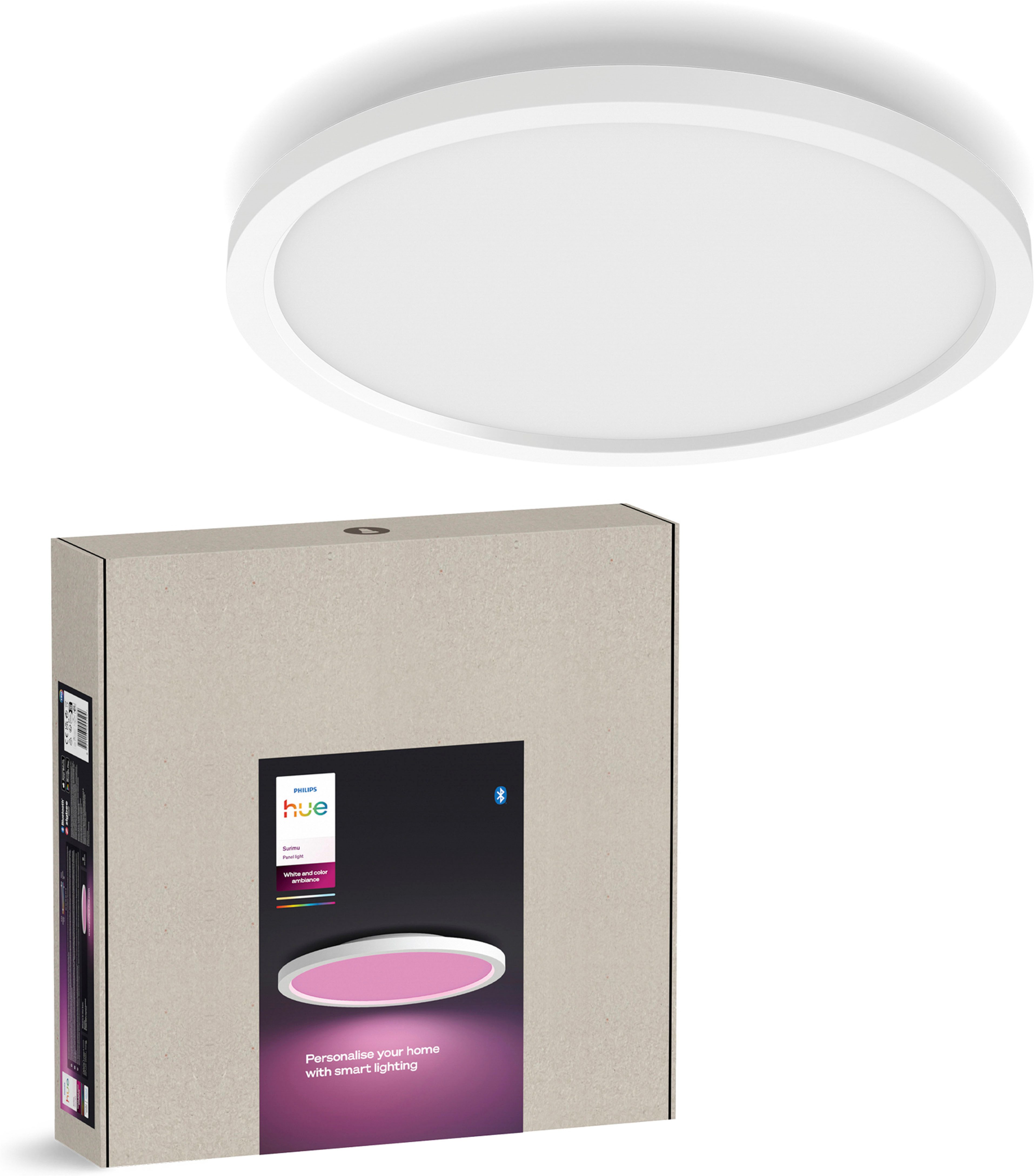 Philips Hue LED Panel White & Color Ambiance Surimu, rund, Abschaltautomatik, Bluetooth, CCT - über Fernbedienung, Dimmfunktion, Einschlafhilfe, Farbsteuerung, Farbwechsel, Memory, nach Trennung vom Netz, Nachtlichtfunktion, RGB, Smart Home, Timerfunktion, Weckerfunktion, dimmbar über Fernbedienung, mehrere Helligkeitsstufen, LED fest integriert, Farbwechsler, RGB, warmweiß - kaltweiß, Steuerbar per App und Stimme, Smart Home fähig, Farbfähig und Weißtöne