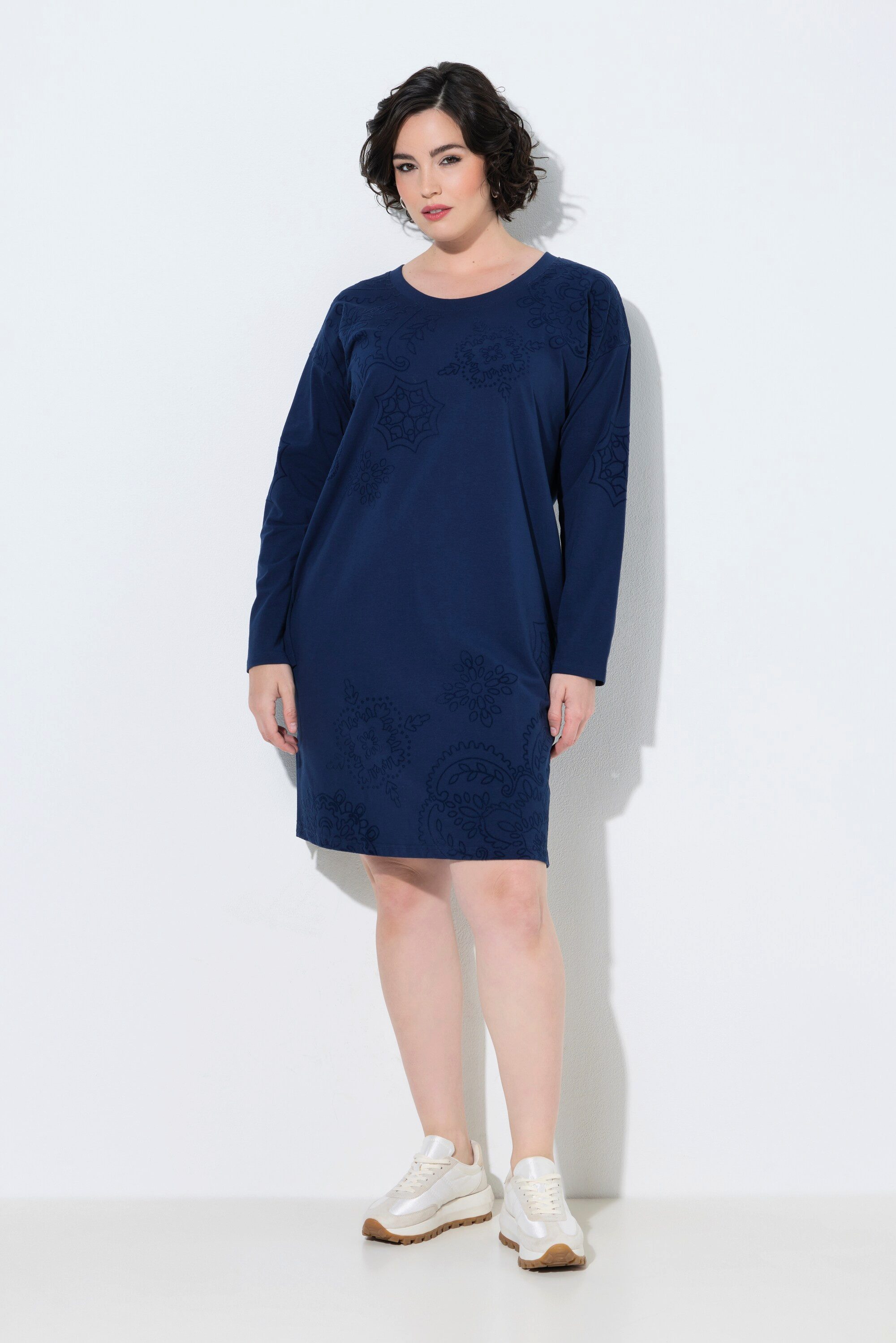 Ulla Popken Jerseykleid Sweatkleid Flockdruck Rundhalsausschnitt Langarm
