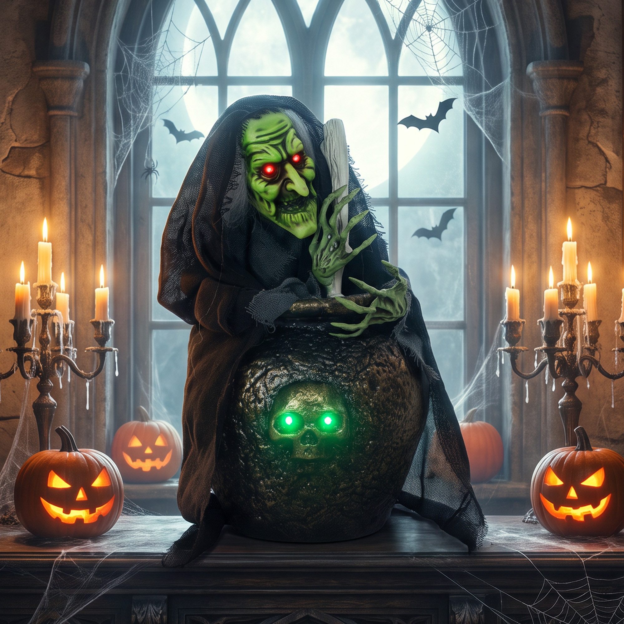 HOMCOM Dekofigur Animierte Halloween-Tischhexe (Set, 1 St., 1-tlg), Sound-,Touch-Aktivierung, rührender Kessel, LEDs