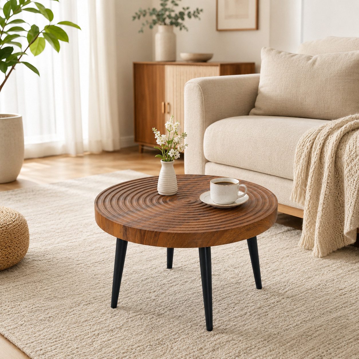 i@home Couchtisch Runder 5 cm starker Platte die Jahresringe aufweist (Packung Set), mit verstärkter Tischplatte und schlanken schwarzen Metallbeinen