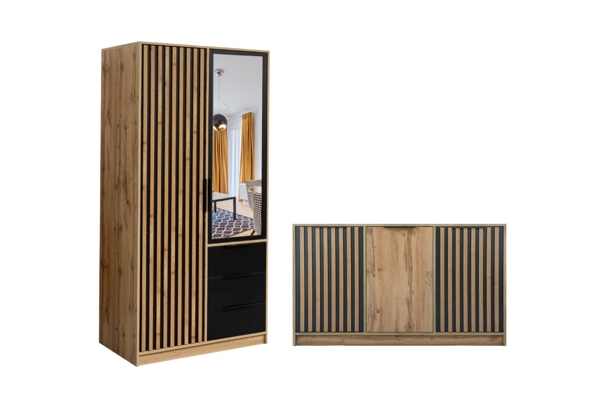 Deine Möbel 24 Schlafzimmer-Set Set A LABOO LUX 2D & LABOO LUX D3 Kleiderschrank und Kommode Set, (Set, 2-tlg., in Eiche / Schwarz / Lamellen / Weiß), Drehtürenschrank mit Spiegel, Schubladen & Kommode mit Lamellen
