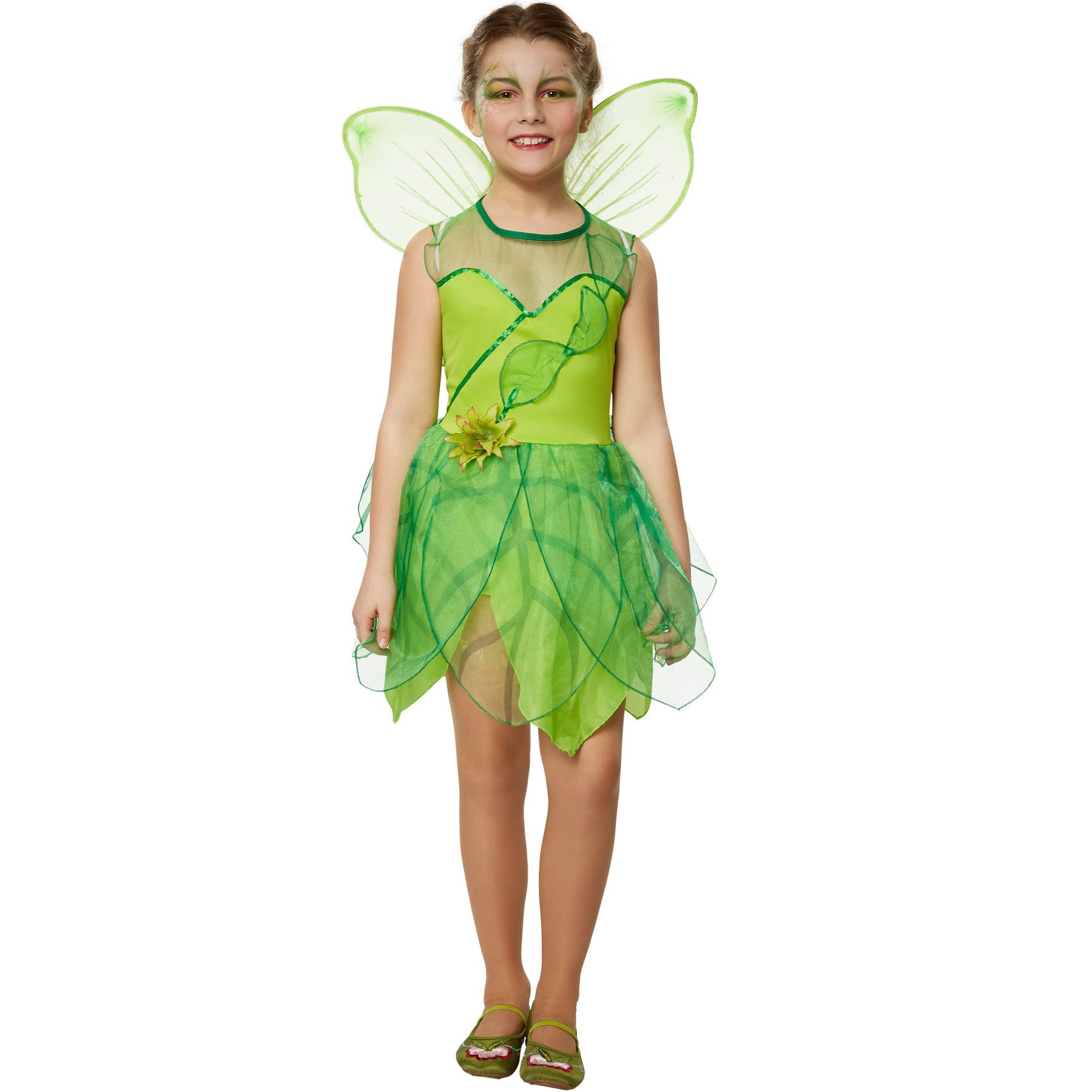 dressforfun Kostüm Elfe/Naturgeist, in grün, Gr. 152 (11-12 Jahre), Kleid in Grüntönen, Rock in Blätterform, Angenähte Tüllelemente ebenfalls in Blätterform