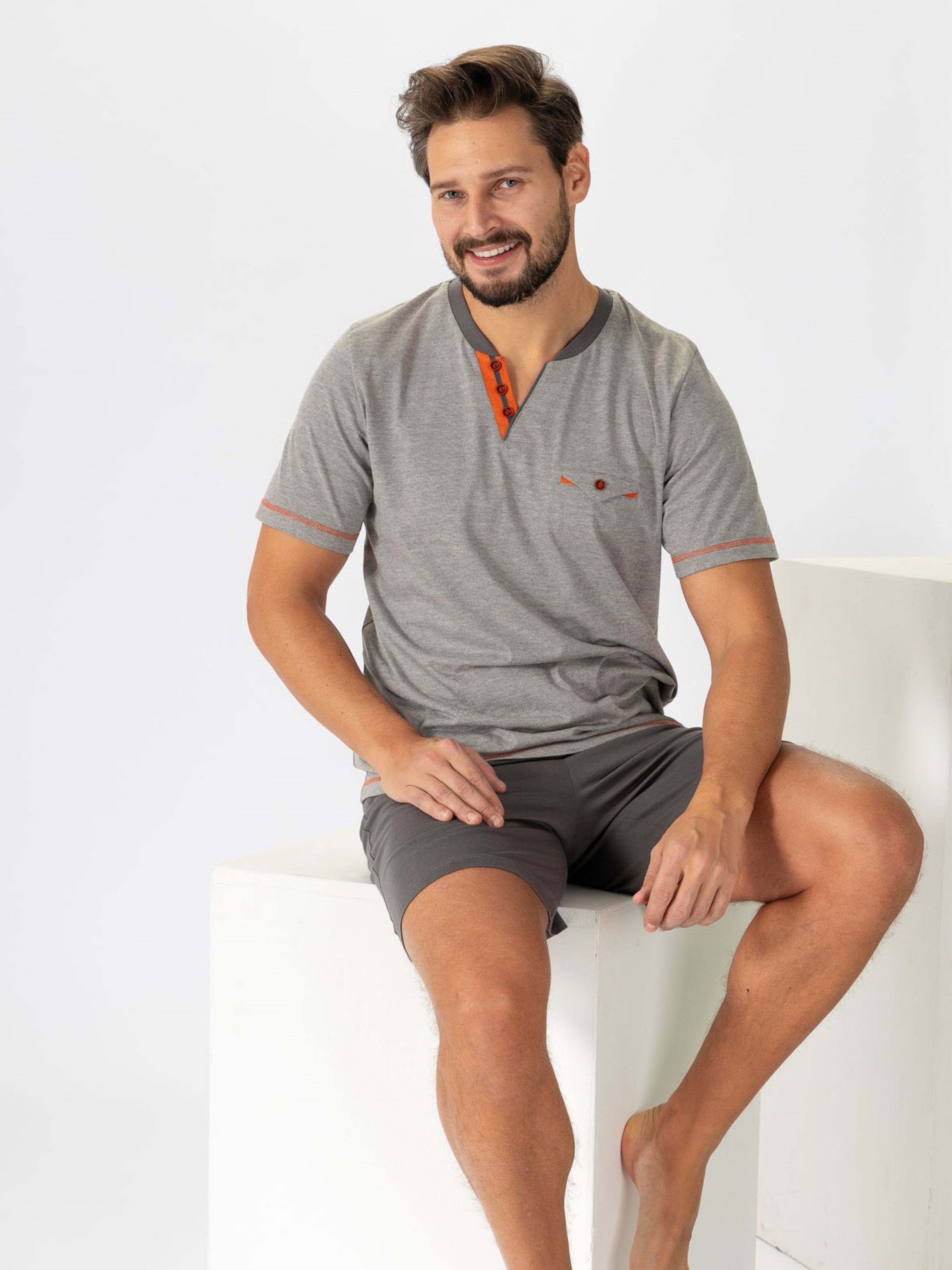 HOTBERG Shorty Pyjama Herren kurz Baumwolle (2 tlg) Grau-Grafit Nachtwäsche mit Kontrastnähten