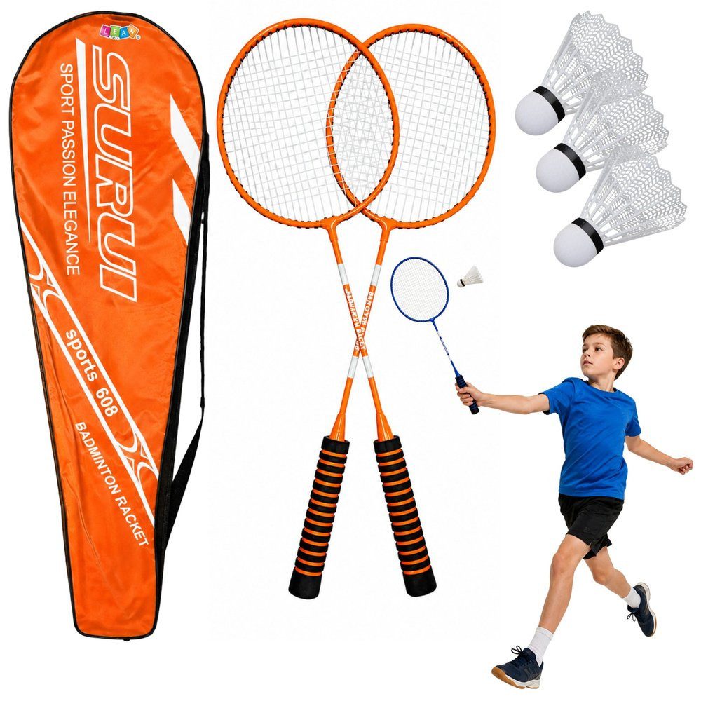 Wisam Lernspielzeug Badminton-Set, 3 Schläger, Federbälle, orangefarbene Tasche