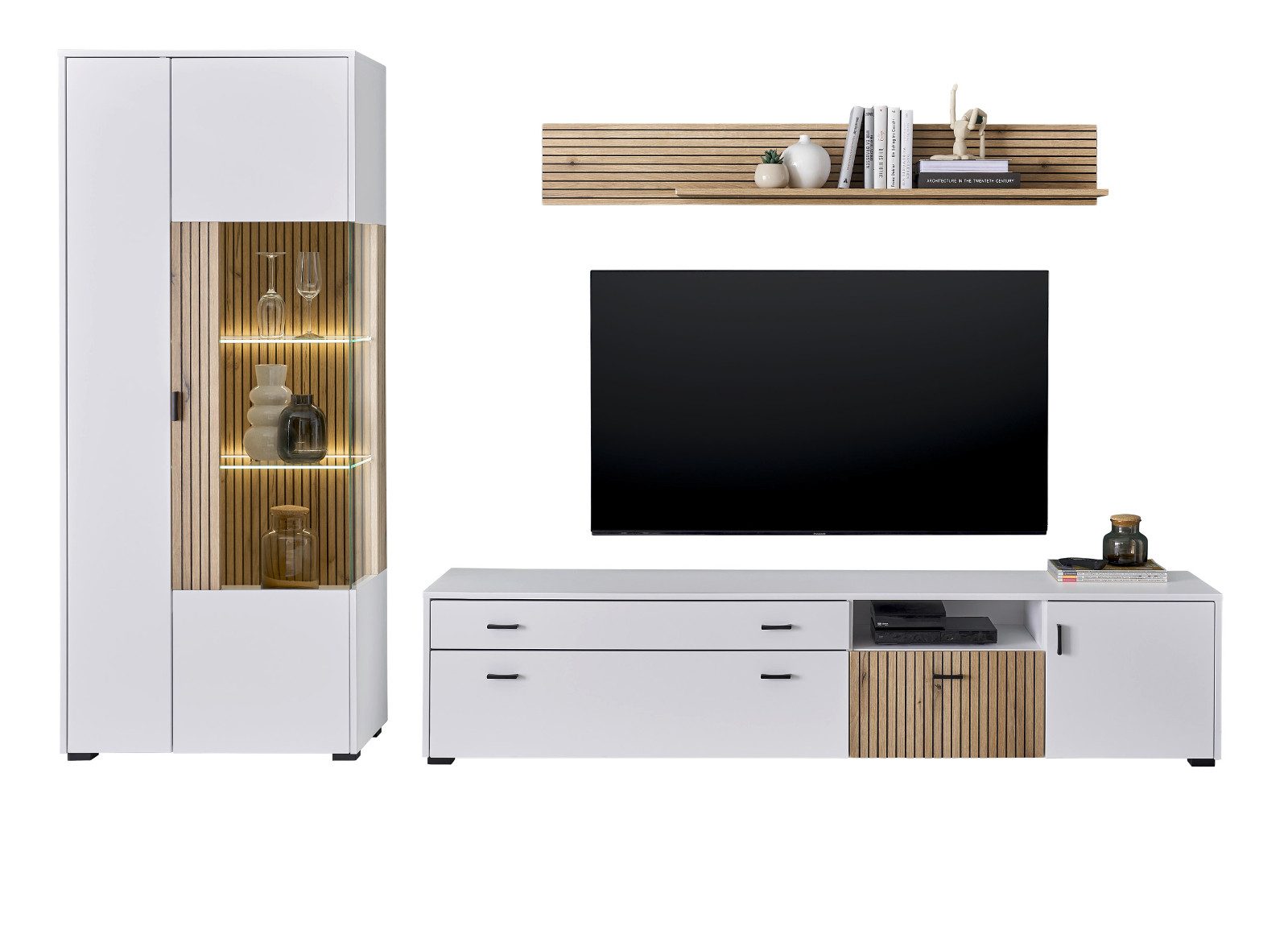 Furn.Design Wohnwand Merced, (Wohnzimmer Set in weiß mit Eiche, 3-St., 285 x 180 cm), mit Soft-Close, Staboptik
