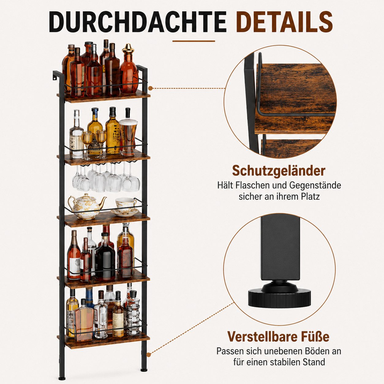 Yorbay Weinregal 5-Tier Freestanding Weinständer, 50 Flaschen, mit LED-Lichtern & Absturzsicherung