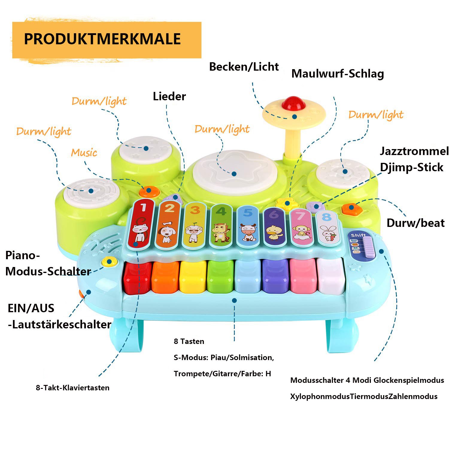 Zaewry Spielzeug-Musikinstrument 3-in-1-Set mit Klavier,Klavier und Schlagzeug, Montessori-Spielzeug, Lernspielzeug,Musikinstrumente zum Lernen und Entwickeln