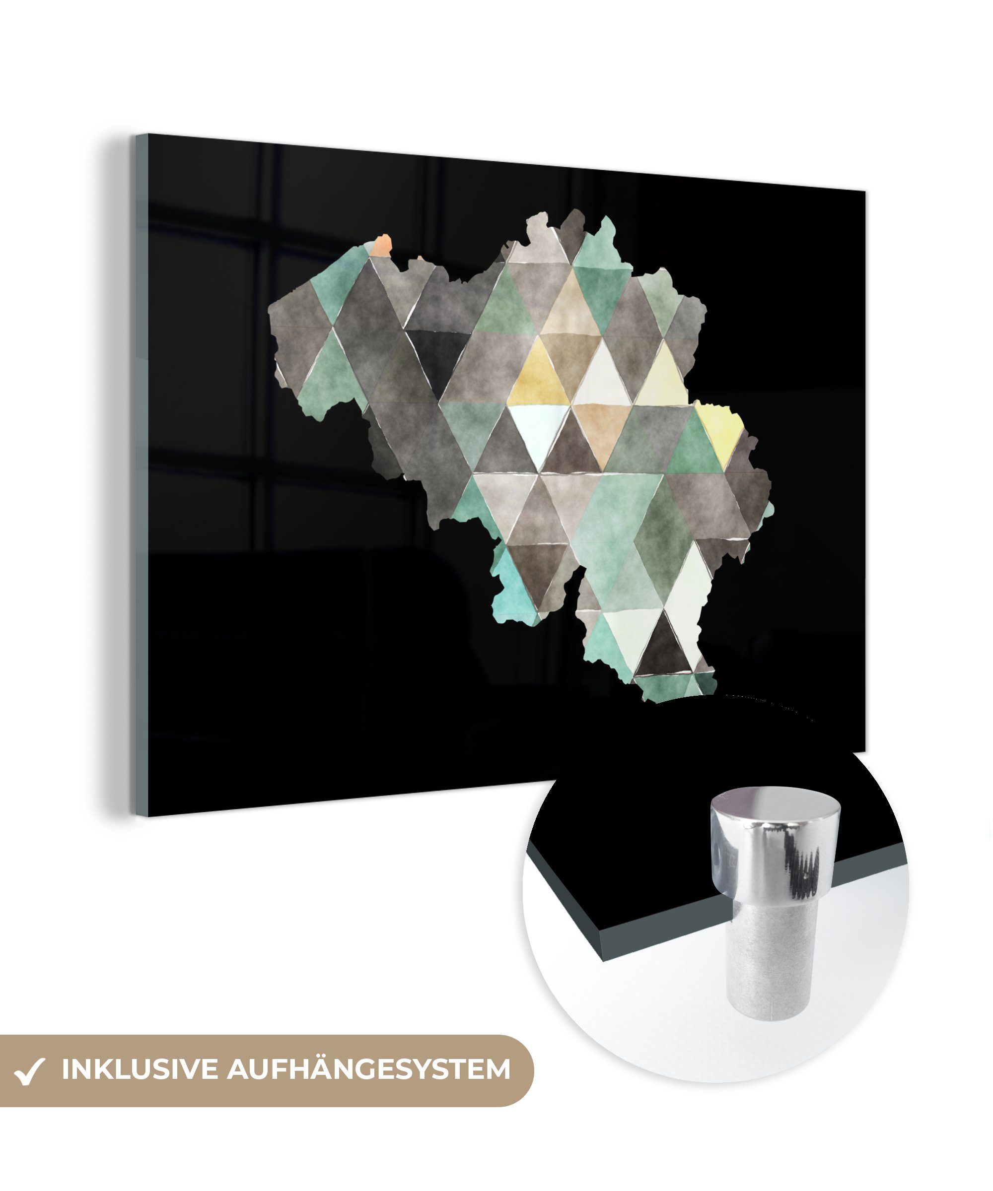 MuchoWow Acrylglasbild Karte - Belgien - Dreieck, (1 St), Acrylglasbilder Wohnzimmer & Schlafzimmer