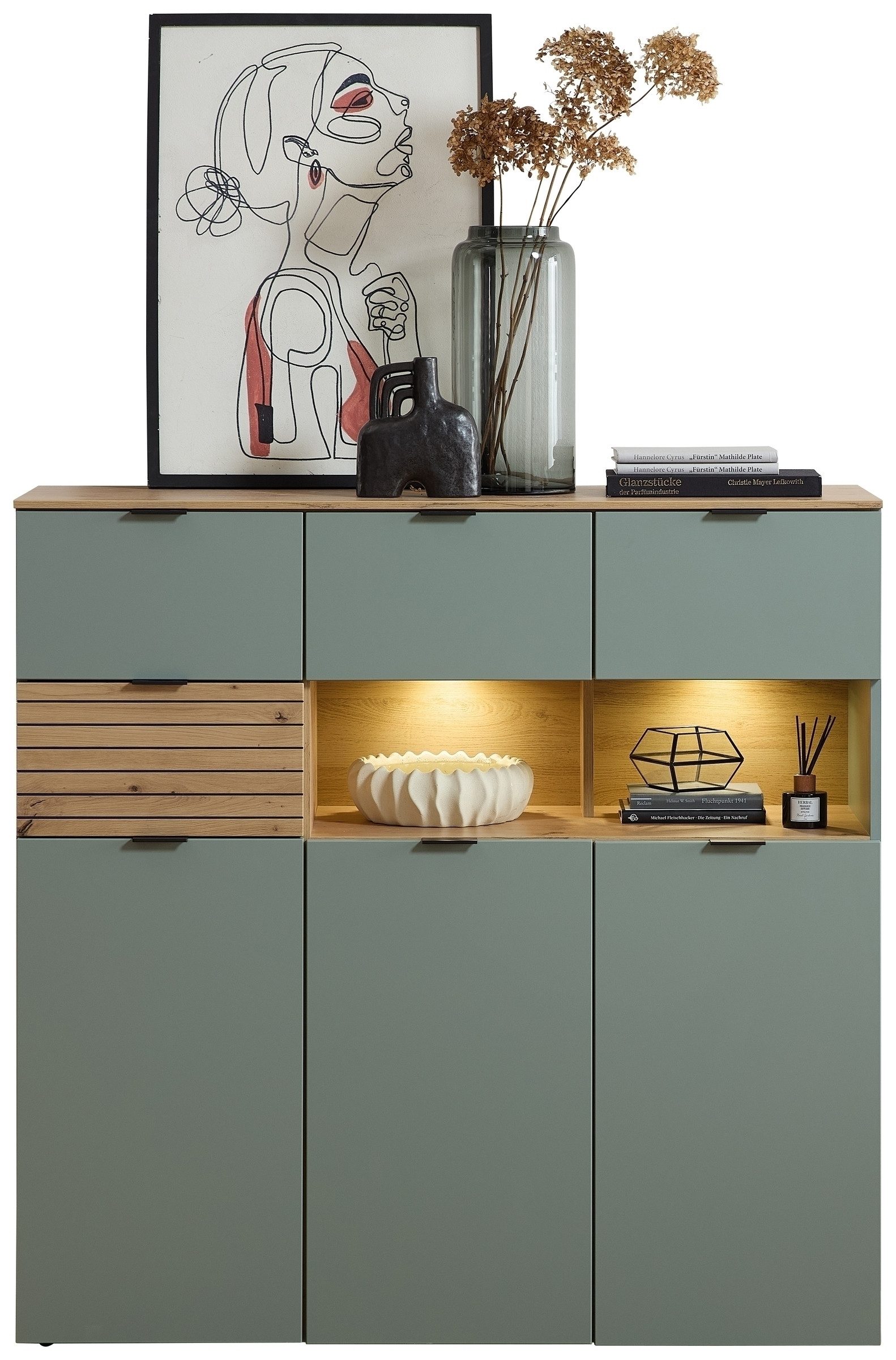 Innostyle Highboard Ina, in Grün, Holzwerkstoff - 125x125x45cm (BxHxT)