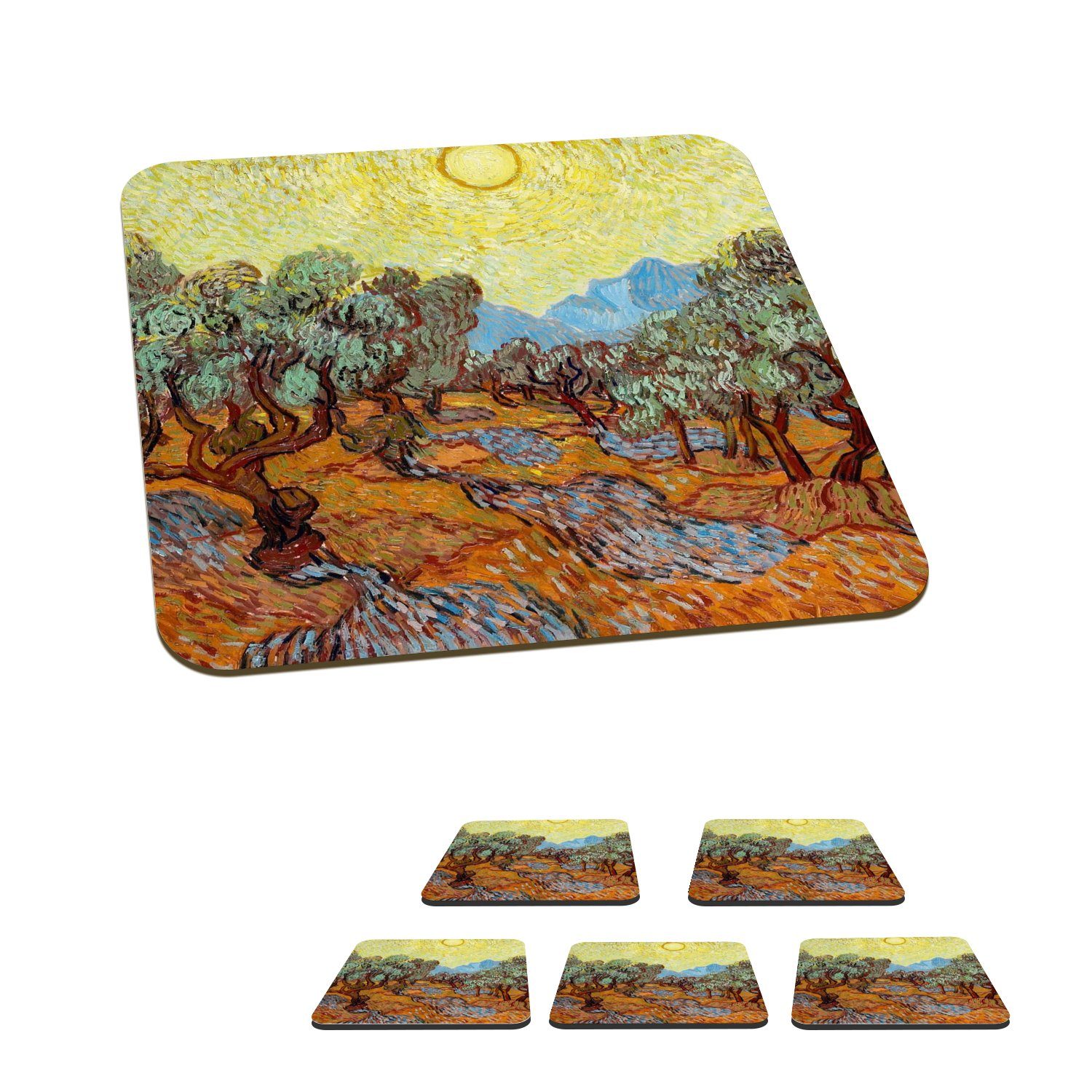 MuchoWow Glasuntersetzer Olivenbäume mit gelbem Himmel und Sonne - Vincent van Gogh, Zubehör für Gläser, 6-tlg., Glasuntersetzer, Tischuntersetzer, Korkuntersetzer, Untersetzer, Tasse