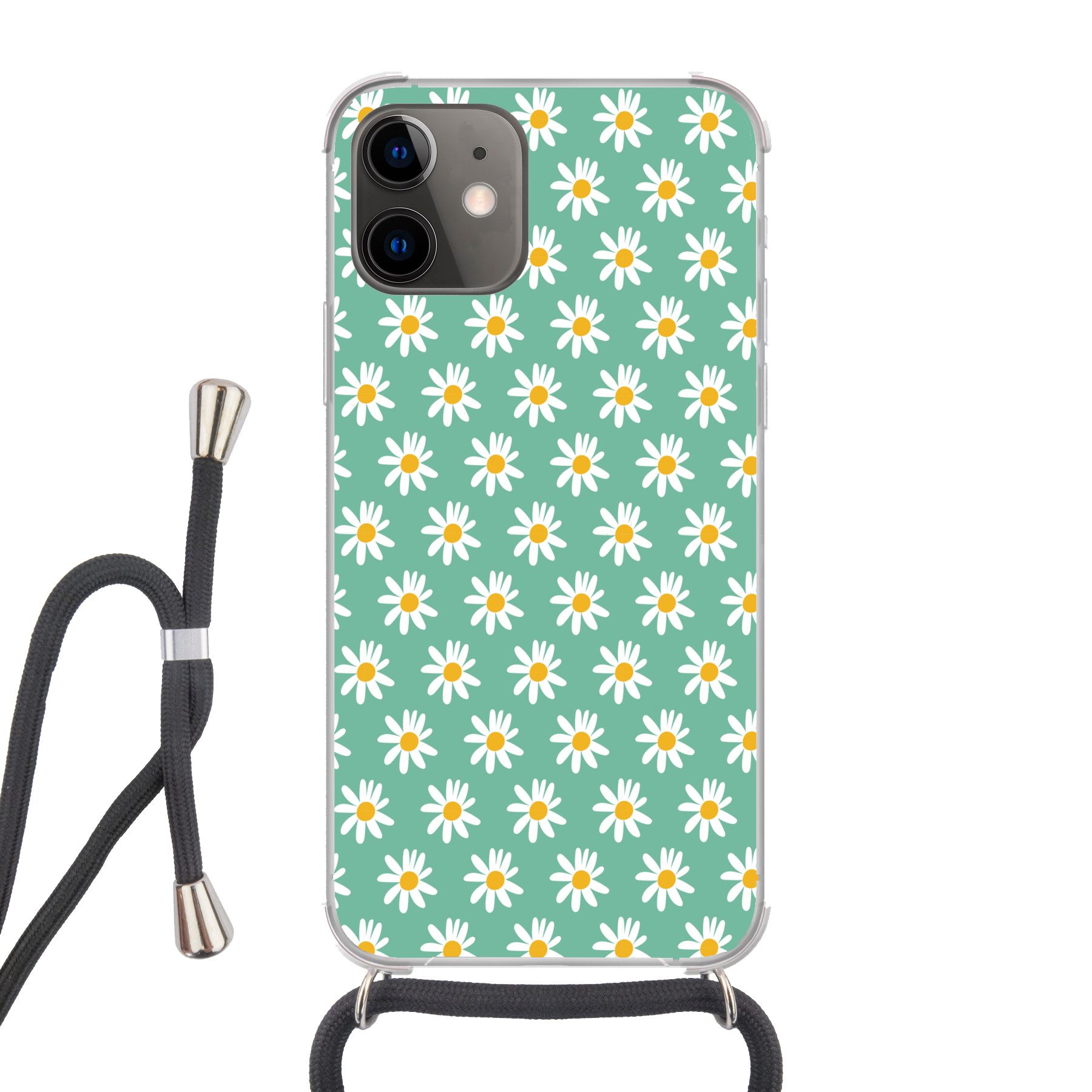 MuchoWow Handyhülle für Apple iPhone 12 Gänseblümchen - Muster - Grün - Blumen, Tragbare Handyhüllen mit Kette zum umhängen, Handykette Handyband