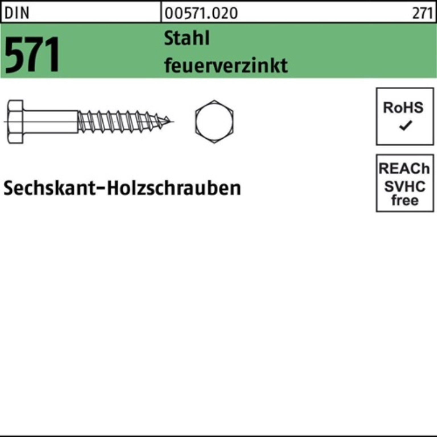 100 Stahl DIN 100er 571 Reyher Sechskant-Holzschraube S 100 Sechskantholzschraube Pack feuerverz. 7x