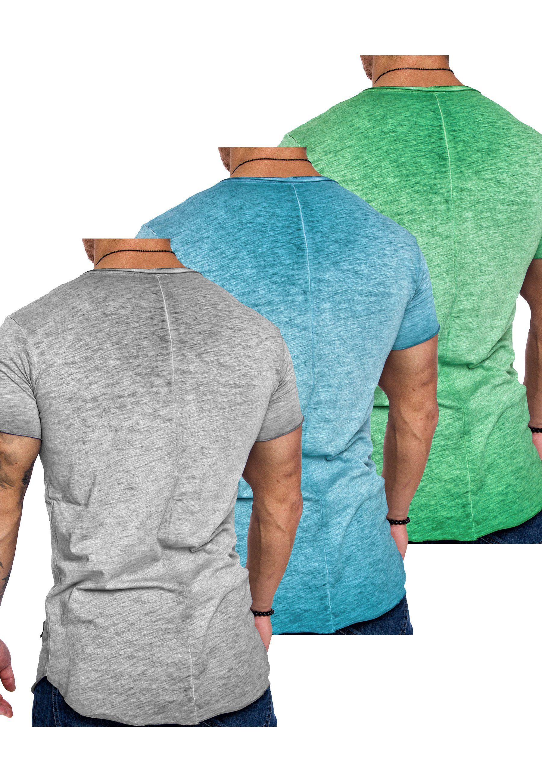 (Türkis Mintgrün) + SAN + Herren Amaci&Sons Oversize T-Shirts (3er-Pack) 3er-Pack T-Shirt V-Ausschnitt 3. Basic Hellgrau FRANCISCO T-Shirt mit