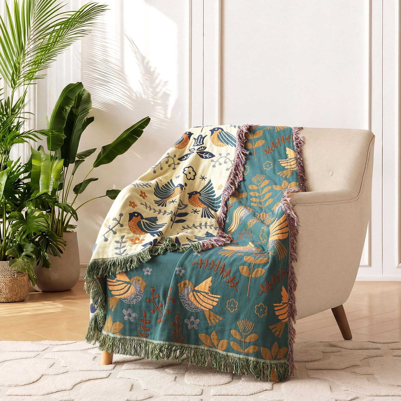 Diwzbyn Tagesdecke Boho Tagesdecke, Weiche Sommerdecke mit Vogel- & Blumenstickerei, Leichte Ganzjahresdecke für Bett, Sofa, Couch & Stuhl, Atmungsaktiv – Bild 4 von 5
