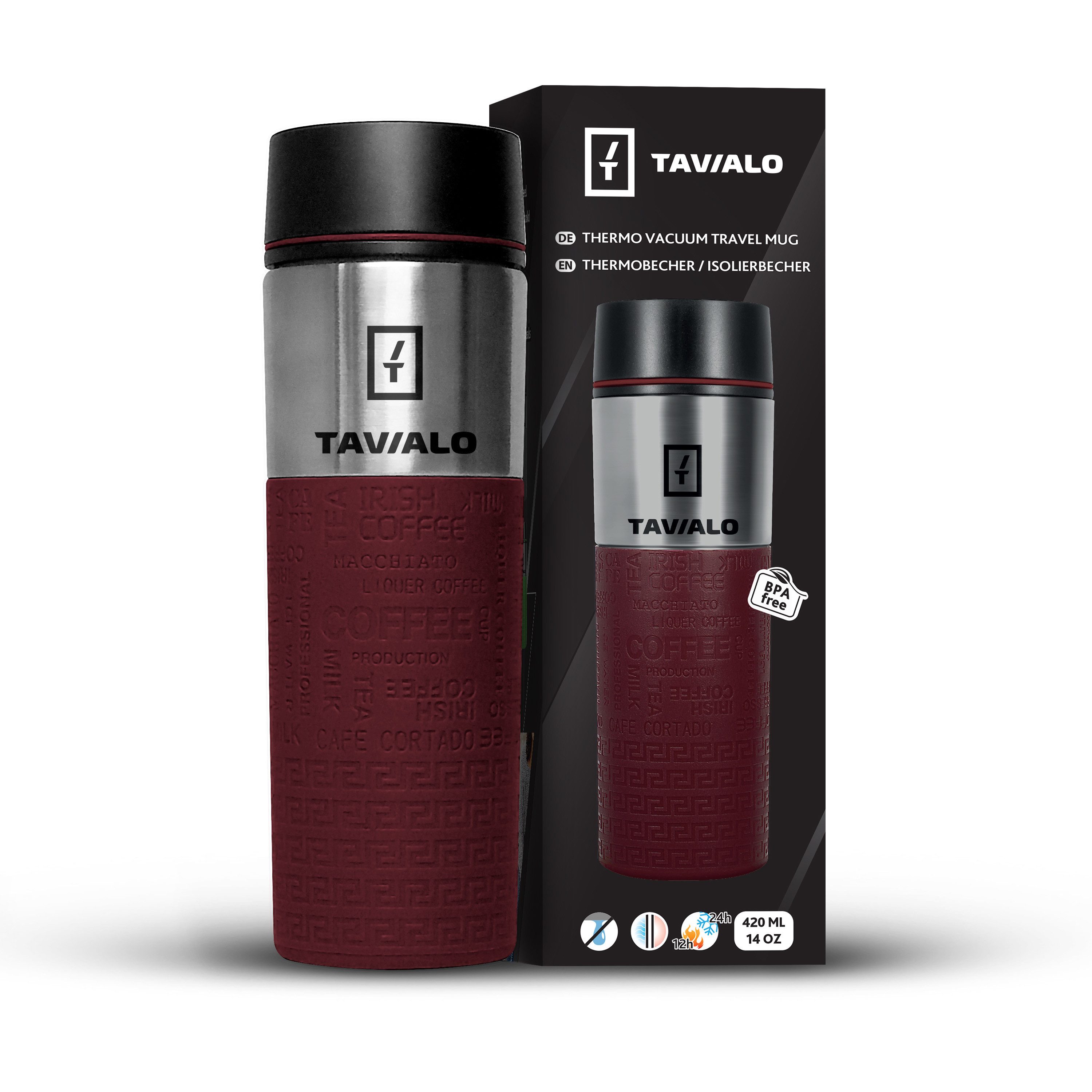 TAVIALO Isolierflasche Thermobecher - Isolierbecher 420ml, INOX Edelstahl (Rot), + 2 zusätzliche Silikondichtungen