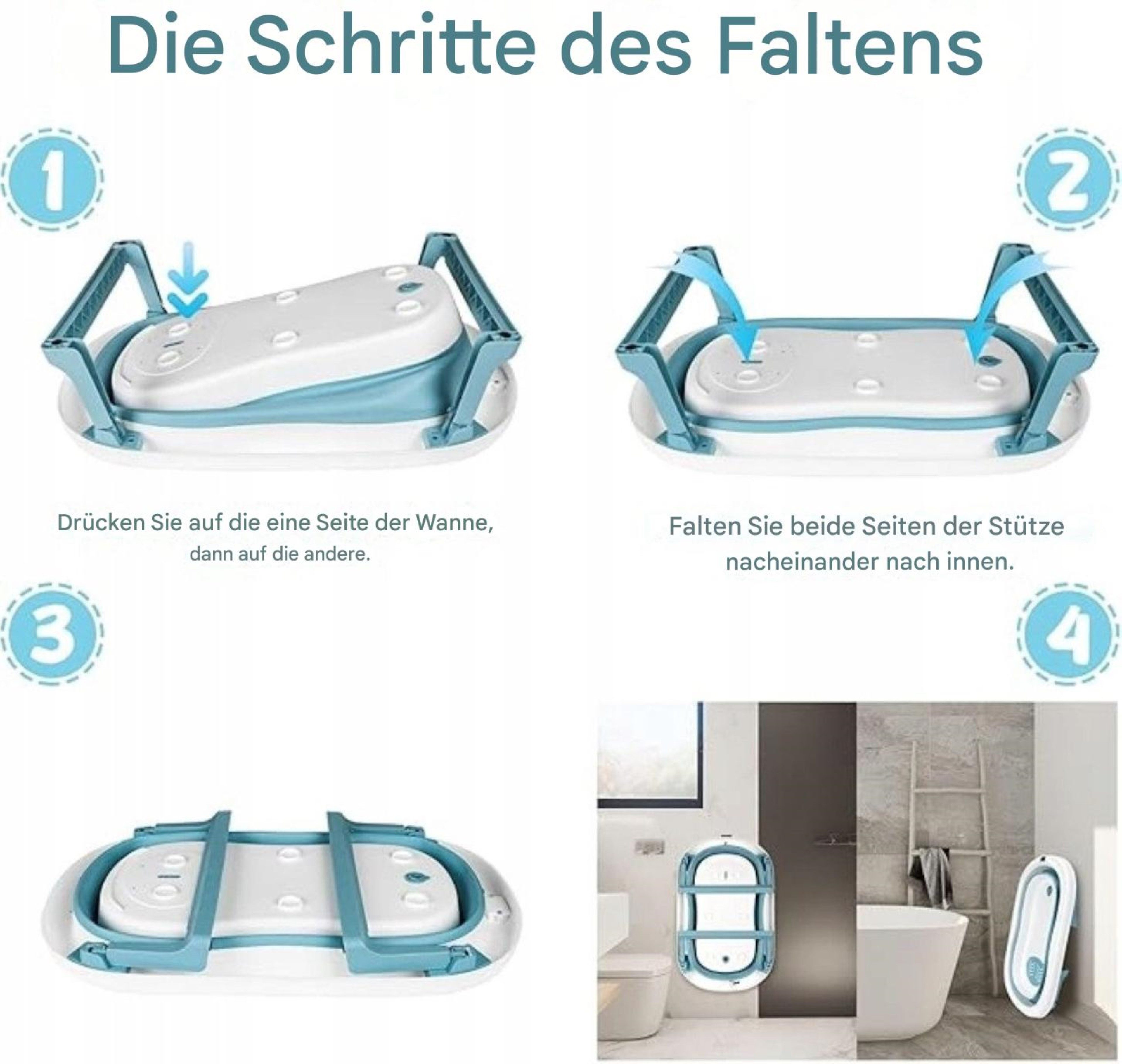 LA CUTE Babybadewanne Faltbare Babybadewanne mit Thermometer und Sitz – kompakt und sicher, (Faltbare Babywanne mit Sitz und Zubehör, ideal für Neugeborene Babys), Faltbare Babywanne mit Thermometer, ergonomischem Sitz und Zubehör