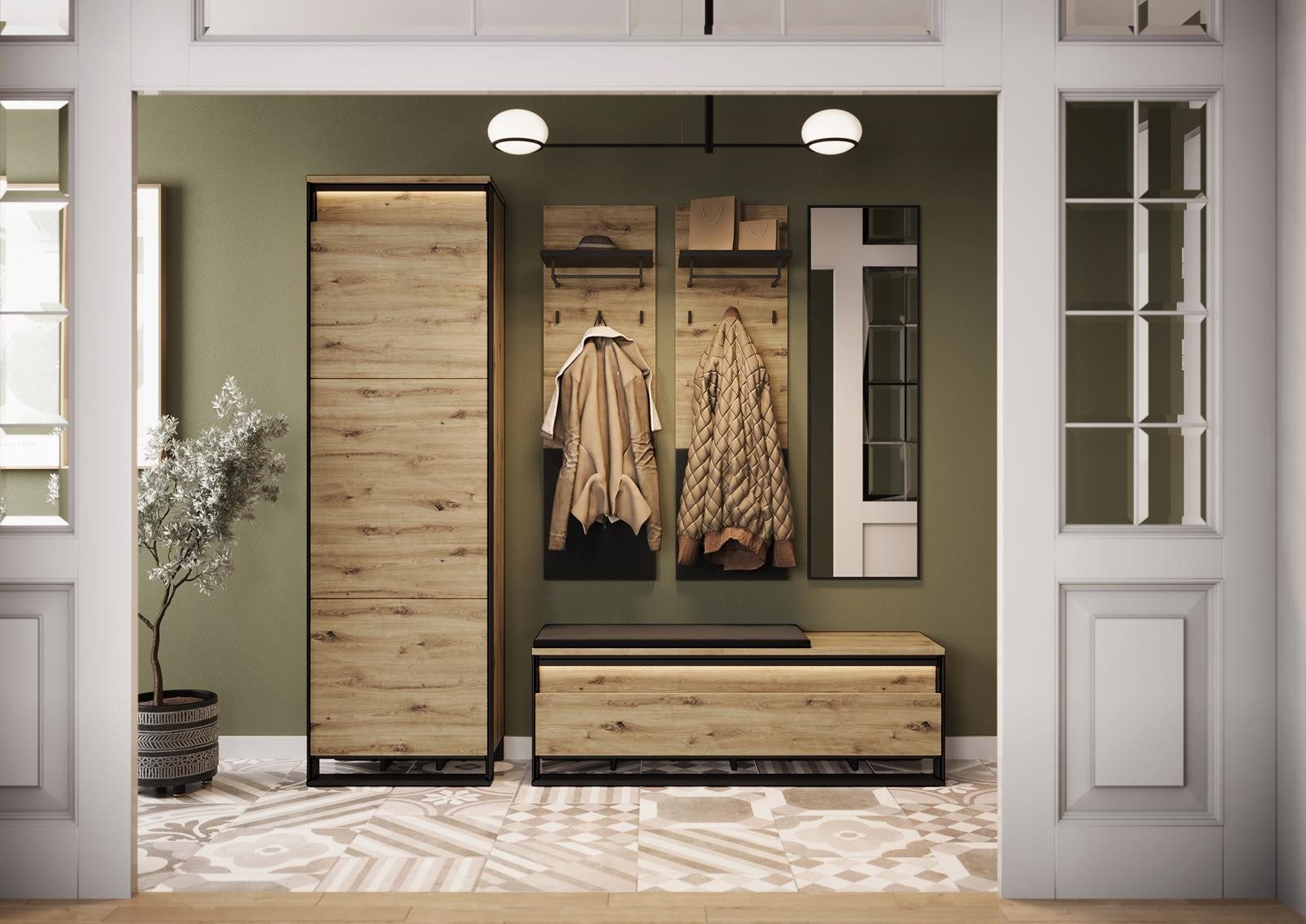 Compleo Garderoben-Set (Schrank, Spiegel, 2xKleiderhakenbrett, Schuhschrank günstig online kaufen