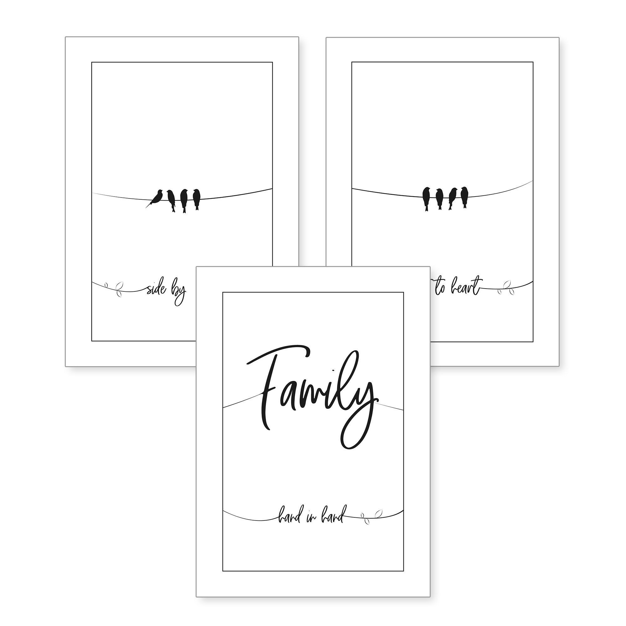 Kreative Feder Poster, Vögel, Familie, Family, Schwarz-Weiß, Schrift (Set, 3 St), 3-teiliges Poster-Set, Wandbild, optional mit Rahmen, DIN A4 oder A3