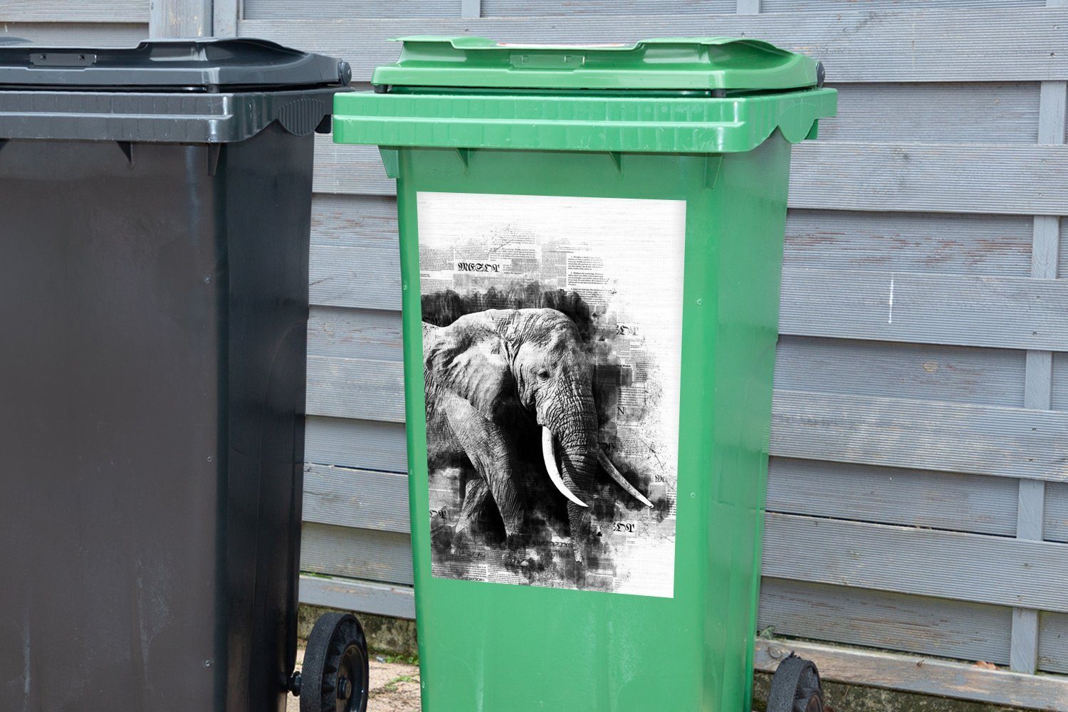 MuchoWow Wandsticker Abstrakter Elefant auf St), Container, Zeitungsausschnitt weiß (1 Sticker, - Mülltonne, und Mülleimer-aufkleber, schwarz Abfalbehälter